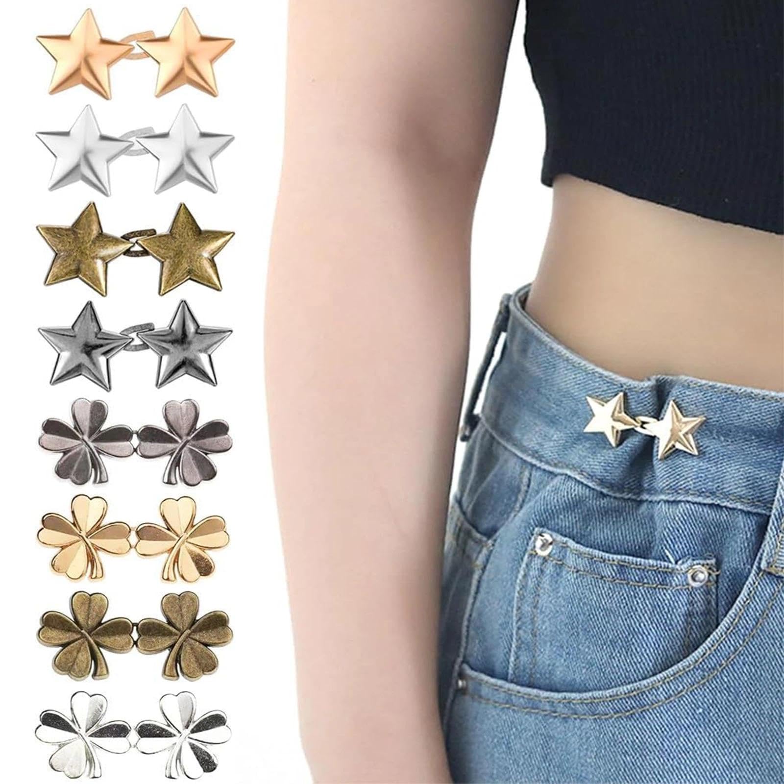 VOOSFSIE 8 Pcs Jean Tightener Clips for Trousers, Jean Waist Tightener Clips, Star Shape Adjustable Button Pins, No Sew Tightening Clip for Pants, Reusable Metal Tighteners for Loose Skirts