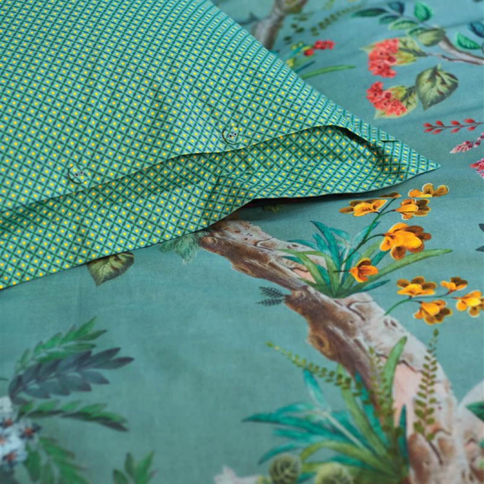 Pip Studio Wild and Tree Perkal Wendebettwäsche Set aus 100% Baumwolle, 200 Fadenzahl, Geblümtes Design mit Wendeoptik, Grün, 135 x 200 cm mit Kissenbezug