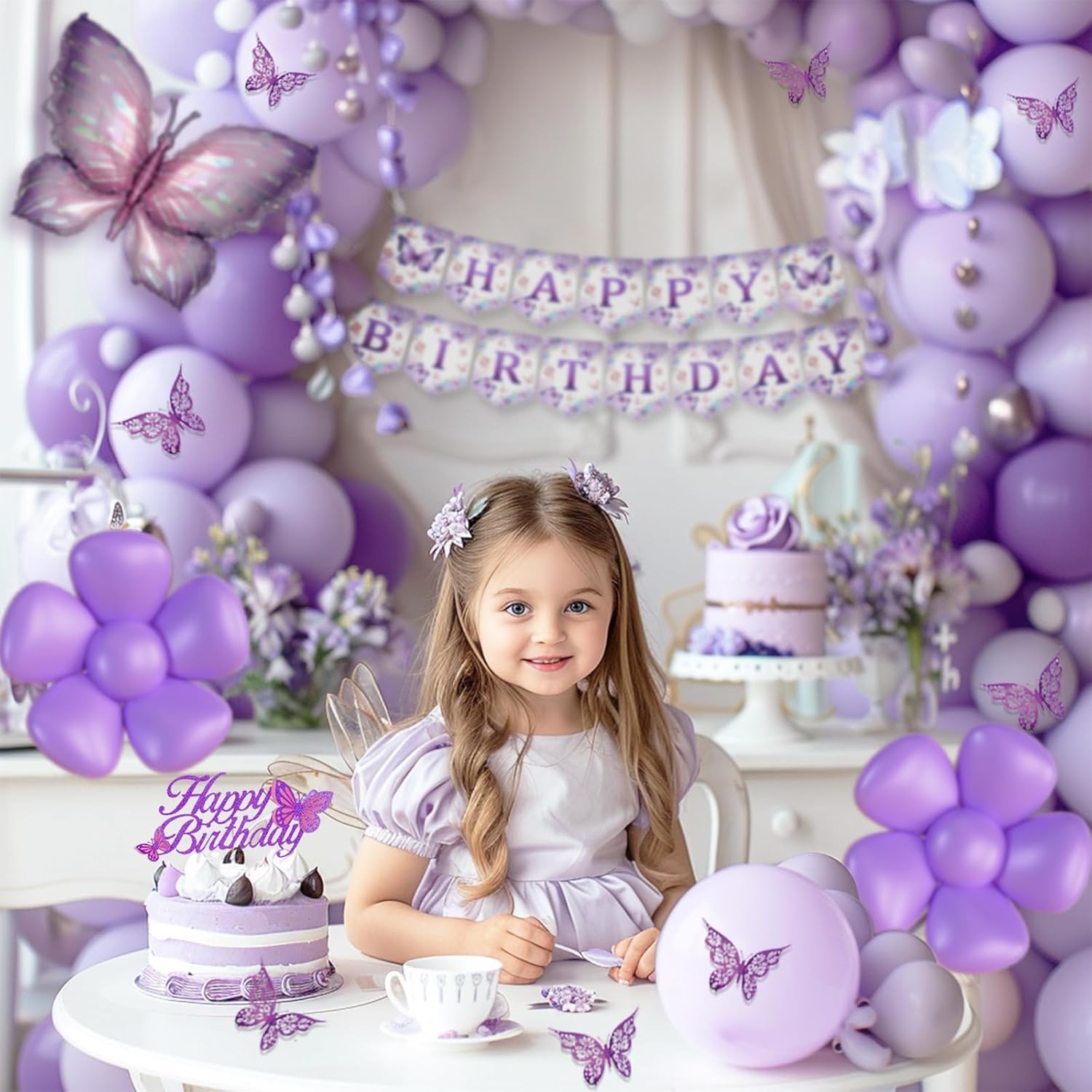 Butterfly Birthday Decorations Girl, Purple Butterfly Party Supplies Set, 151Pcs Floral Themed Party Decorations with Happy Birthday Backdrop Balloon Garland Kit Banner Flower Tablecloth - Image 6
