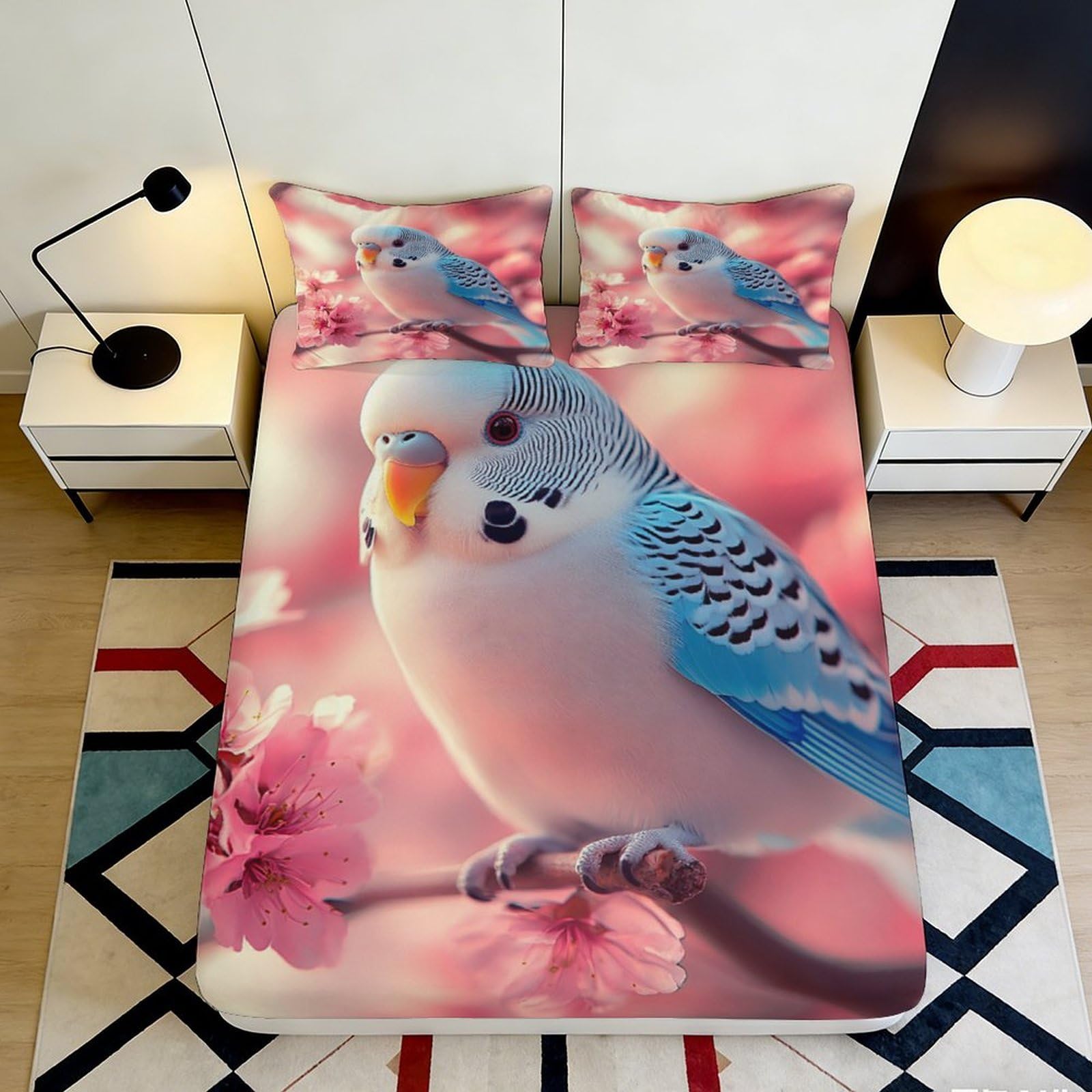 3D Printed Sakura Parrot Fitted Sheet Microfiber Deep Pocket Non-Slip Bedroom Bedding Sakura Parrot Mattress Fitted Cover Washable 200x200x25cm 90x200x25cm
