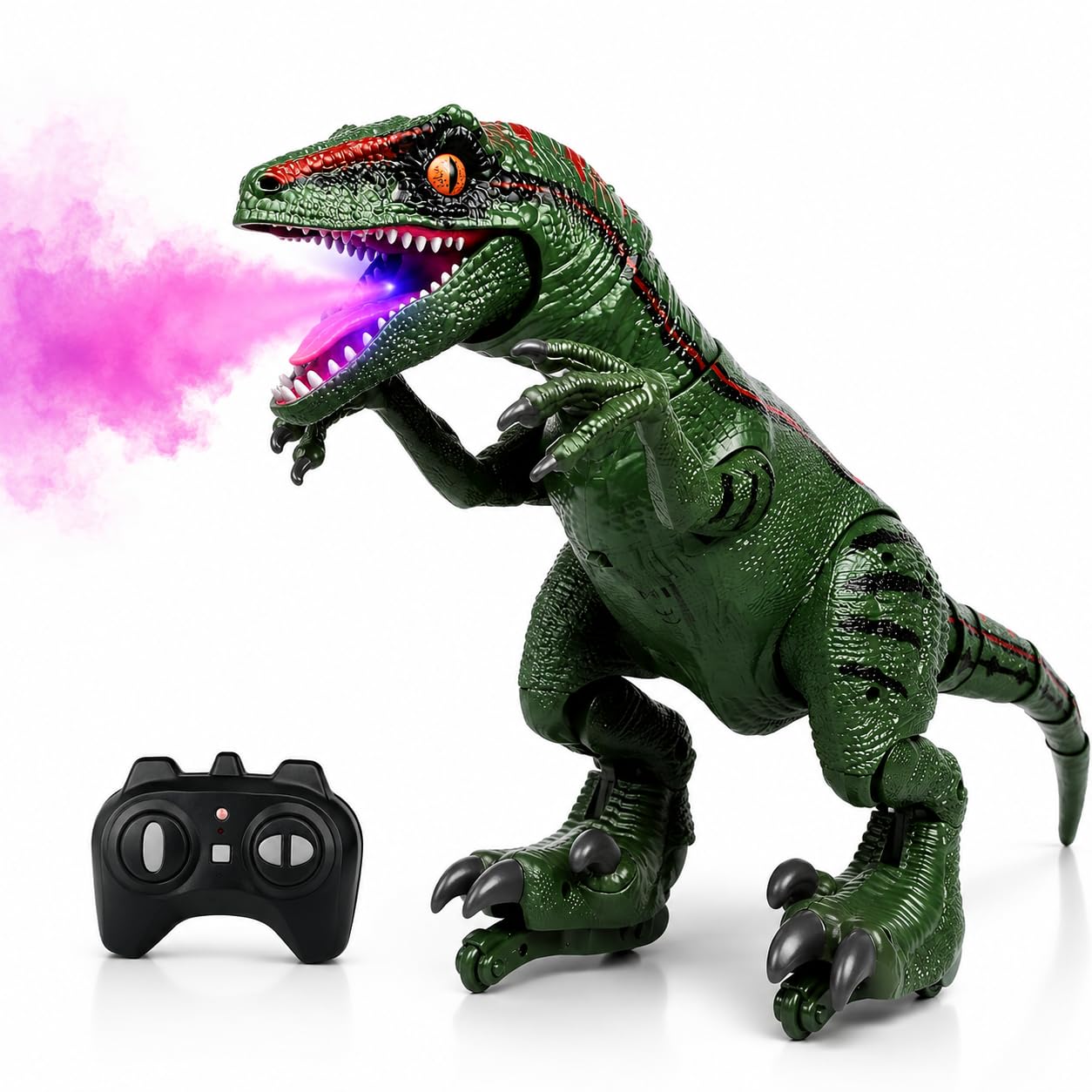 Dinosauro Telecomandato Mega Gigante cm 70 con Effetto Fumo dalla Bocca Luce LED Suoni Reali RC Dinosaur Velociraptor Telecomandato Cammina e Ruggisce Realistico Dinosauro Elettrico Gigante Giocattolo