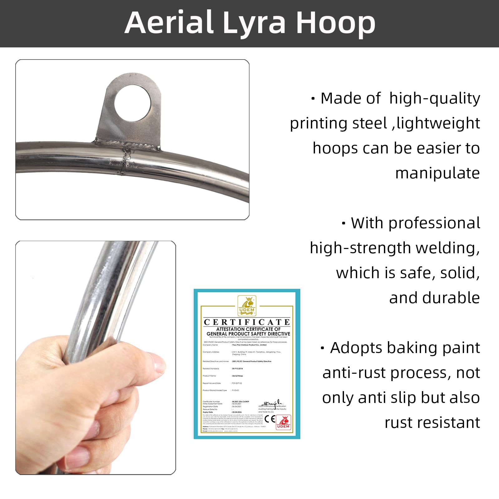 PRIOR FITNESS Aerial Hoop Set, Professioneller Aerial Lyra Hoop, 80cm/85cm/90cm/95cm Edelstahl Single Point Aerial Hoop Equipment, Circus Fitness Aerial Hoop Aerial Hoop für Zuhause, Fitnessstudio,