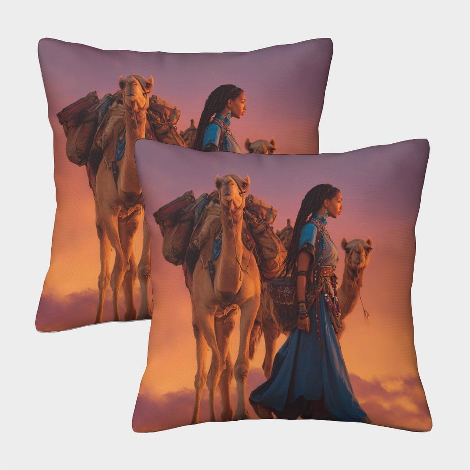 kaiyun 2 Pack Woman, Camel Crossing Desert 3D Image Printed Single-sided Cushion Cover 50x50cm
