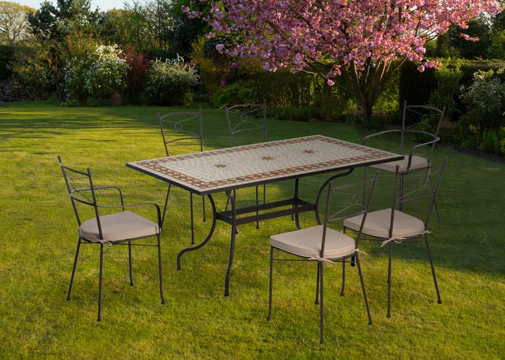 Gruppo Maruccia - Set Tavolo e Sedie da Giardino con Mosaico in Ceramica - 1 Tavolo Rettangolare - 2 Poltrone e 4 Sedie con Cuscini