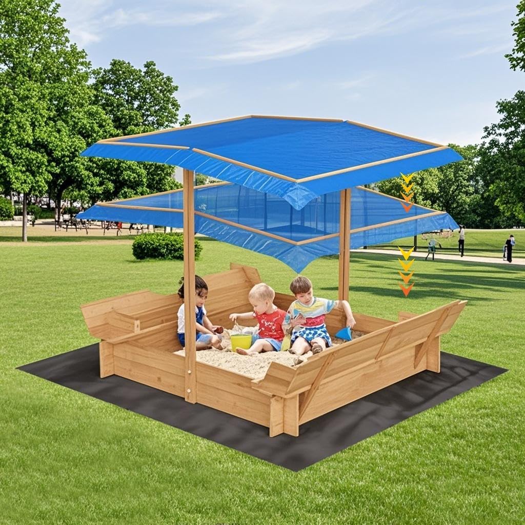 Outdoor Sandbox with Lid, Children's Outdoor Sandbox with Canopy, 2 Folding Benches, Height Adjustable Canopy, Bottom Liner, Gift for Children 4-8 Years Old, for Beach, Patio, and Backyard (47x47 in)