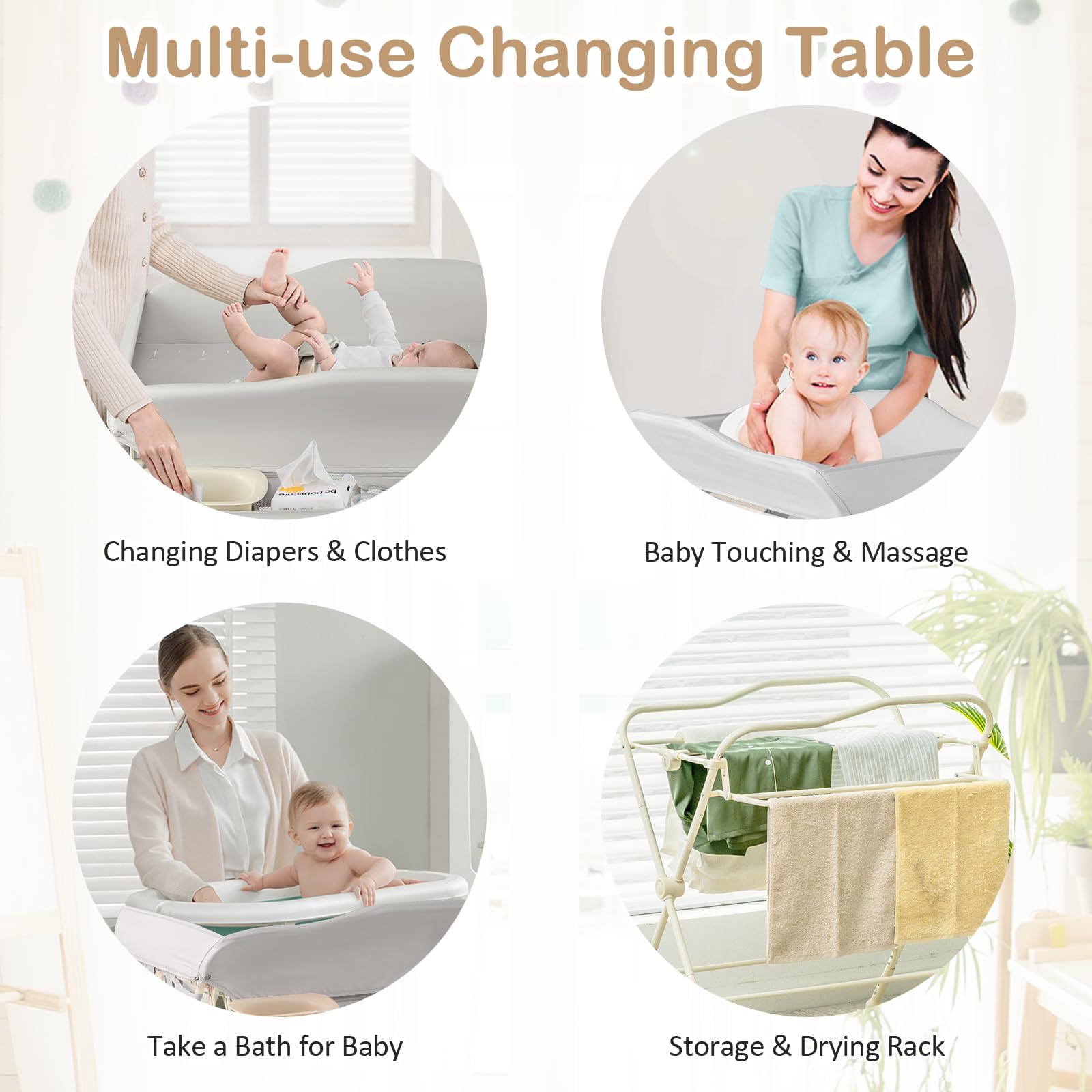 GLACER Foldable Diaper Changing Station, Height Adjustable Changing Table with Storage, Removable & Lockable Wheels, Safety Belt, Water Basin, Mobile Nursery Organizer for Baby Infant Newborn (Gray)