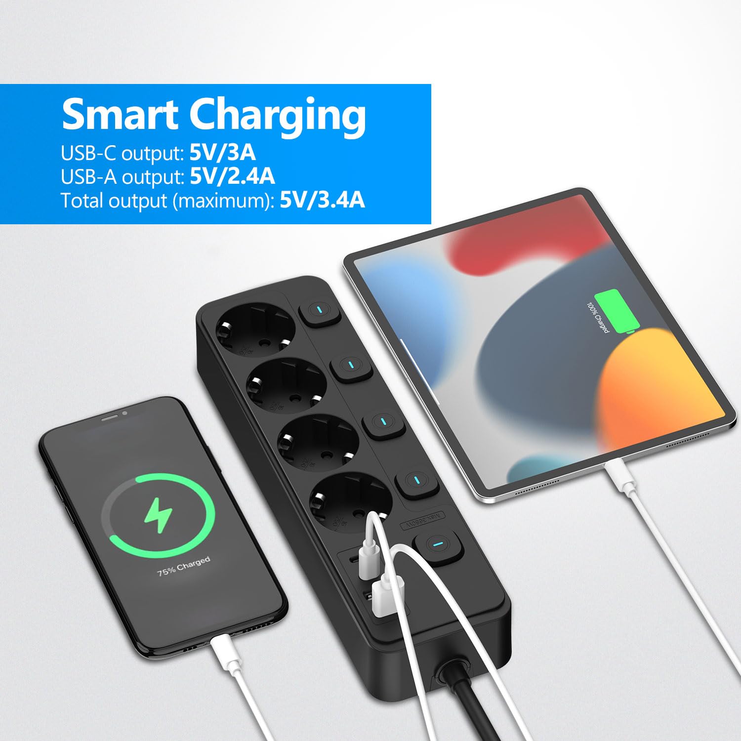 JSVER Regleta Enchufe USB de 4 Tomas con 4 Interruptor Individualcon, Regleta 4 USB Puertos(2 A,2 C) Alargadera Electrica para el hogar, la Oficina y los ViajesCable 2m-Negro — view 4