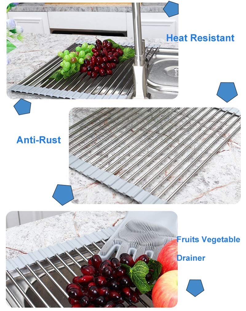 Escurridor de Platos, Rejilla for secar Platos Enrollable, Llantas Plegables de Silicona Acero Inoxidable, Fregadero Cocina Gris Varios tamaños | 22*42cm