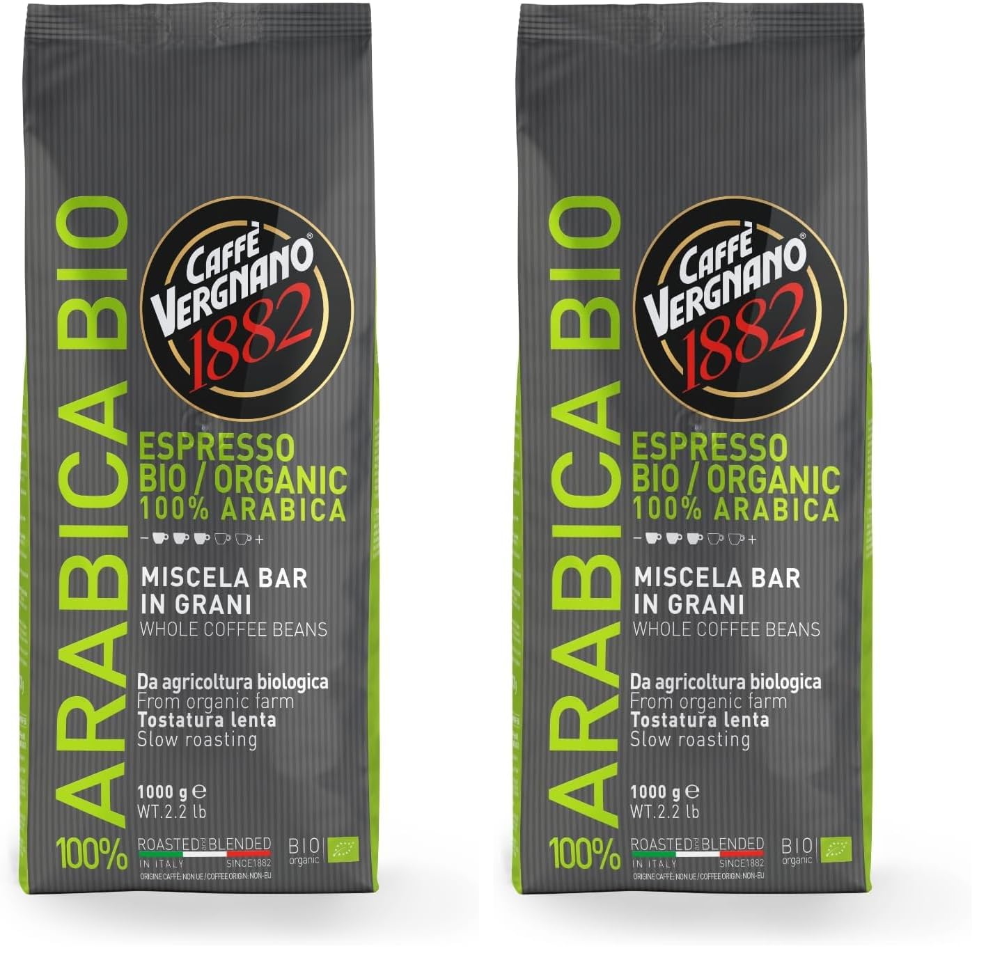 Caffè Vergnano 1882 - Café en grains 100% Arabica Bio - 2 paquet de 1 Kg