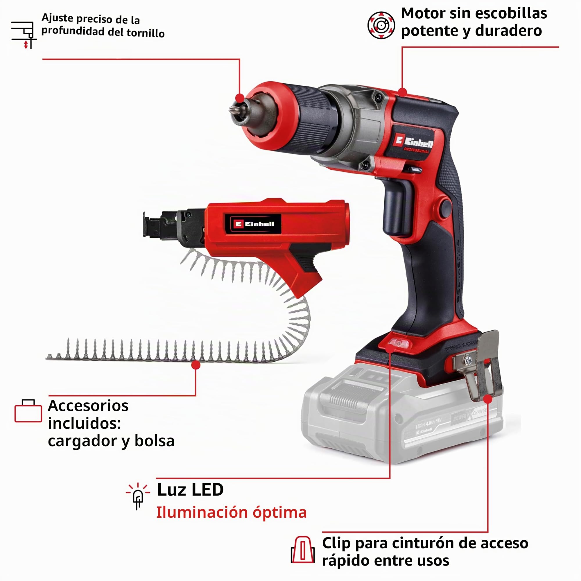 Einhell TP-DY 18 Li BL + Magazine Power X-Change - Atornillador (18 V, sin escobillas, tope de profundidad, incluye adaptador de cargador, 2 puntas, E-Case, sin batería)