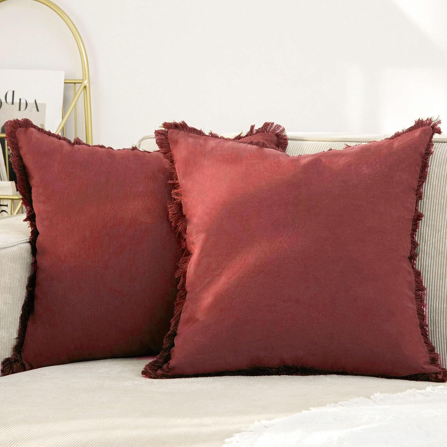 Cozoomy Set of 2 Rust Fringed Decorative Pillow Covers