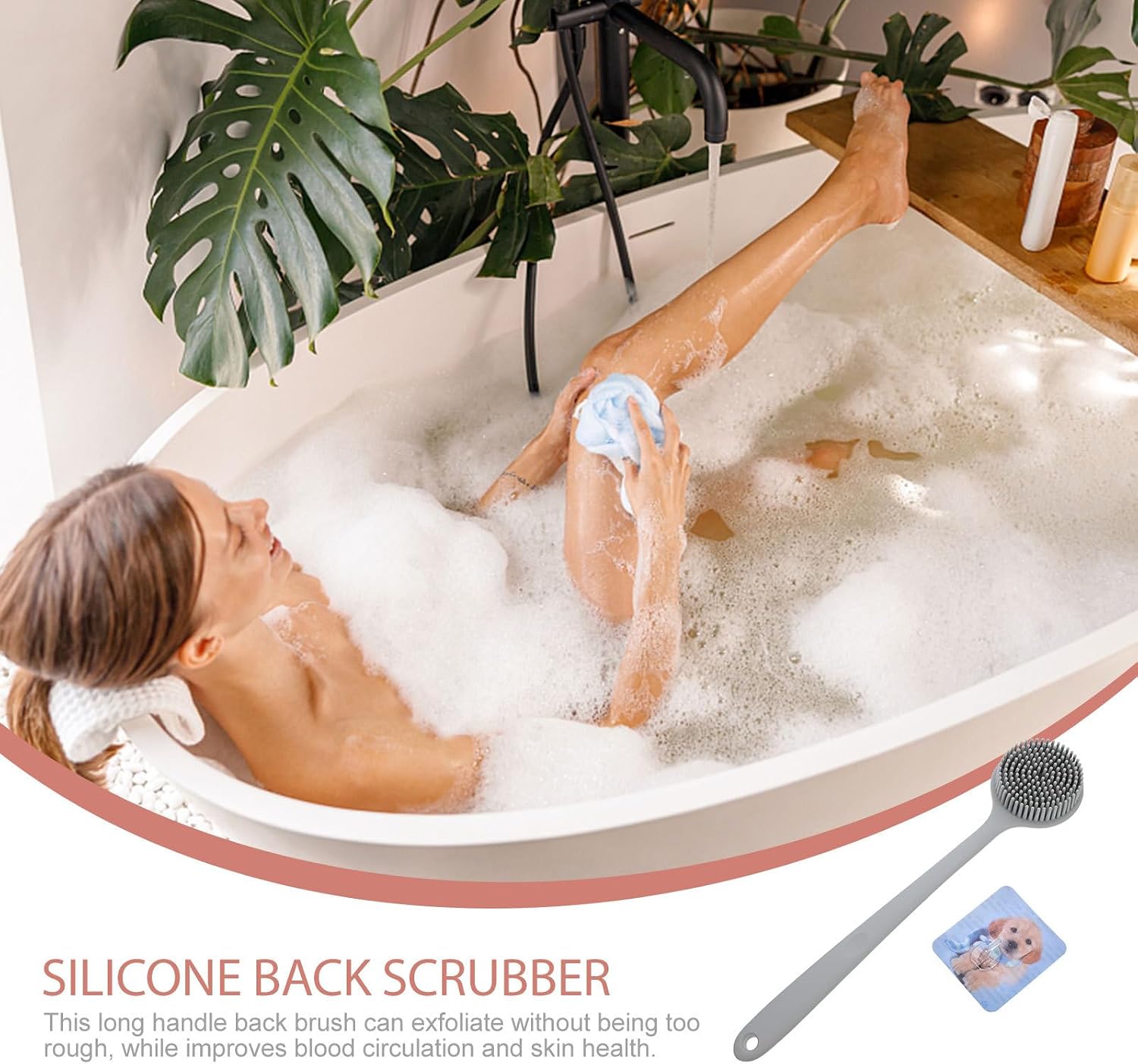 Silicone Back Scrubber with Long Handle, Dual-Sided Thickened Bath Exfoliating Brush for Adults, Gray Nylon Core Shower Brush Tool for Back Washing and Body Care Style