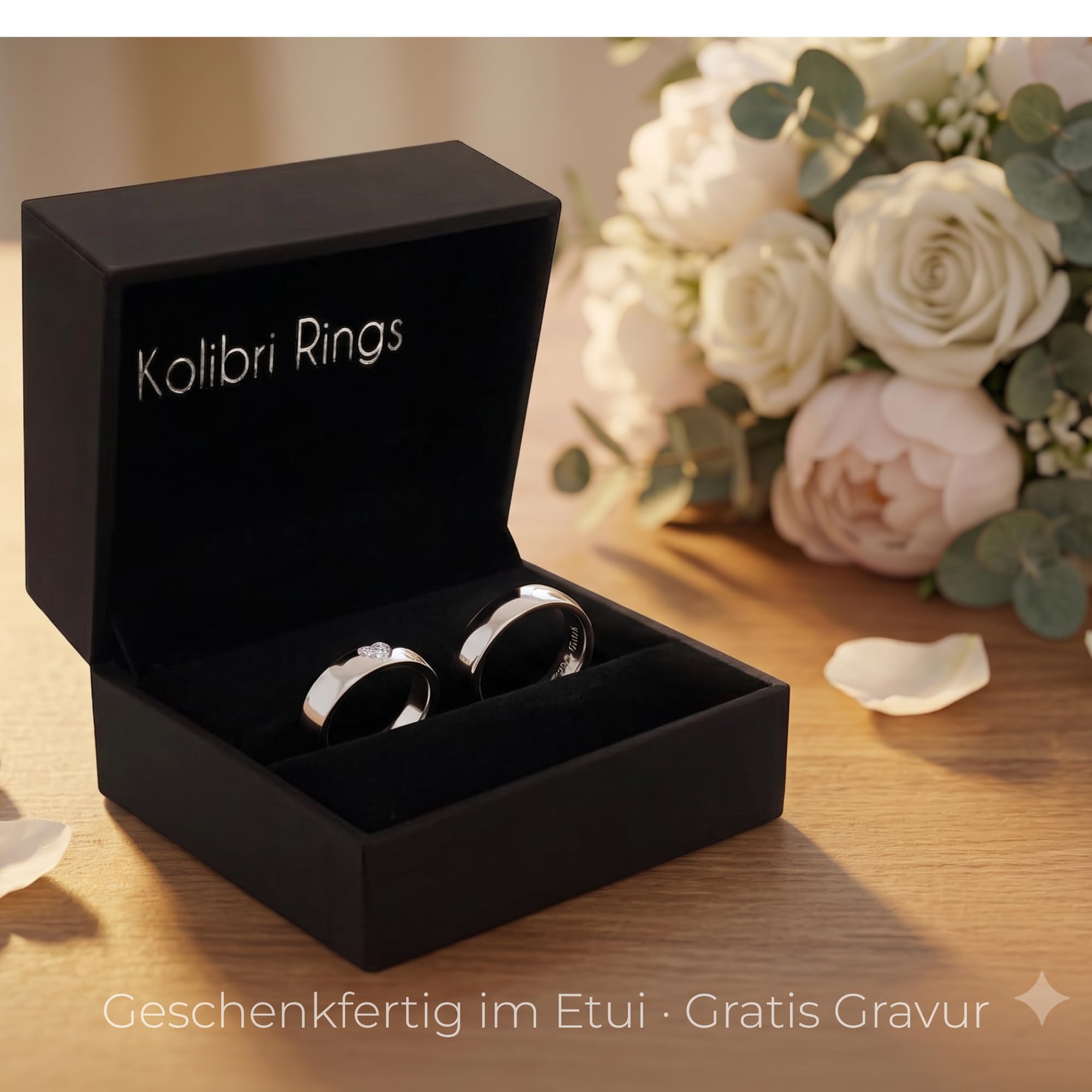 Kolibri Rings Eheringe Set Silber 925 mit 3 Zirkonia in Herz-Form Verschnittfassung | Partnerringe, Trauringe Paarpreis Made In Germany | Inkl. Gratis Gravur + Etui