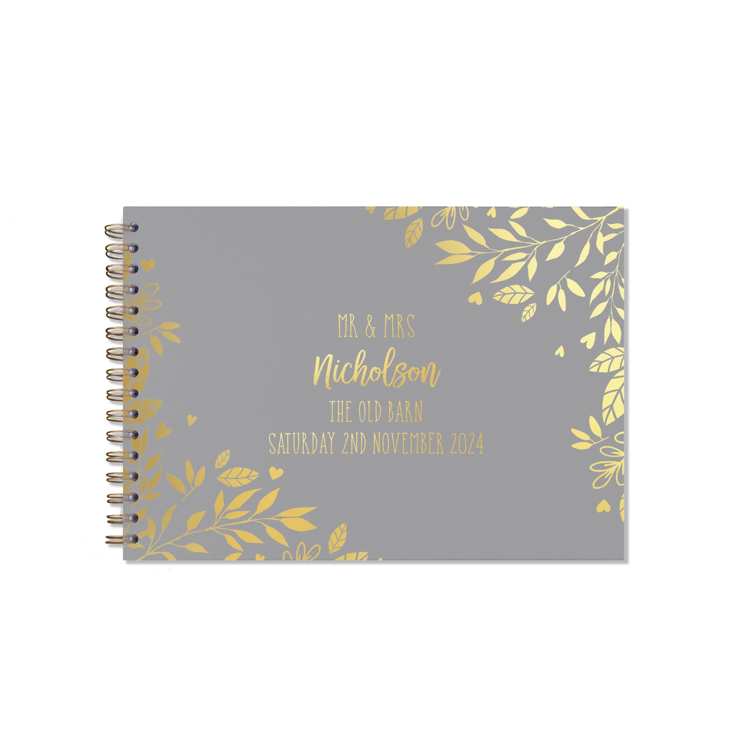 "Manta Makes Wedding Guest book personalised gold foil 26 colour choices A5 or A4, signing book wedding decorations for wedding reception, wedding books for guests to sign (A4, Grey)"