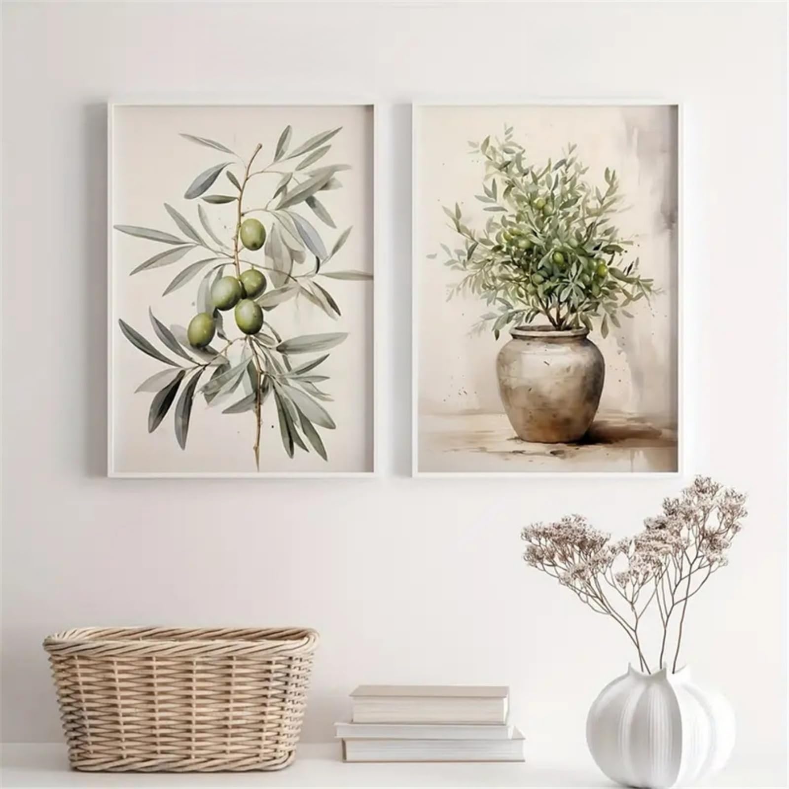 ZBELLO 2 Piece Watercolor Olive Plant Canvas Posters, Neutral Japandi Botanical Wall Prints, Wabi Sabi Cottage Wall Art for Living Room, Unframed (21x30cm)