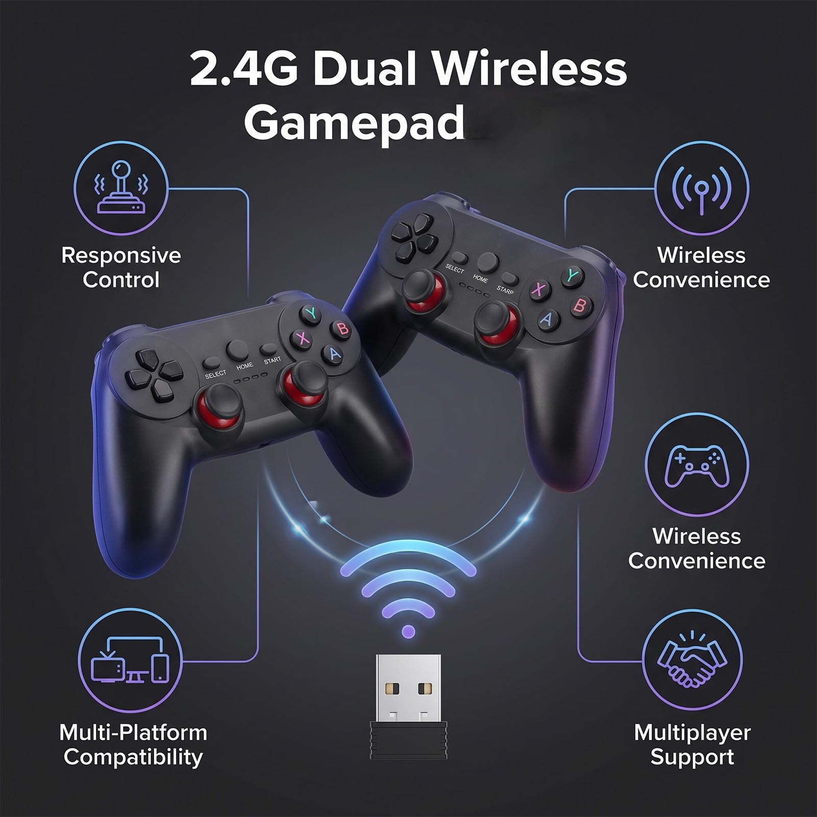 CHEOTIME Gaming Manette Sans Fil 2,4 G, Console de Jeux Rétro Portable pour Consoles d'ordinateur TV PC, avec Récepteur USB Plug and Play Double Manette, Design Ergonomique