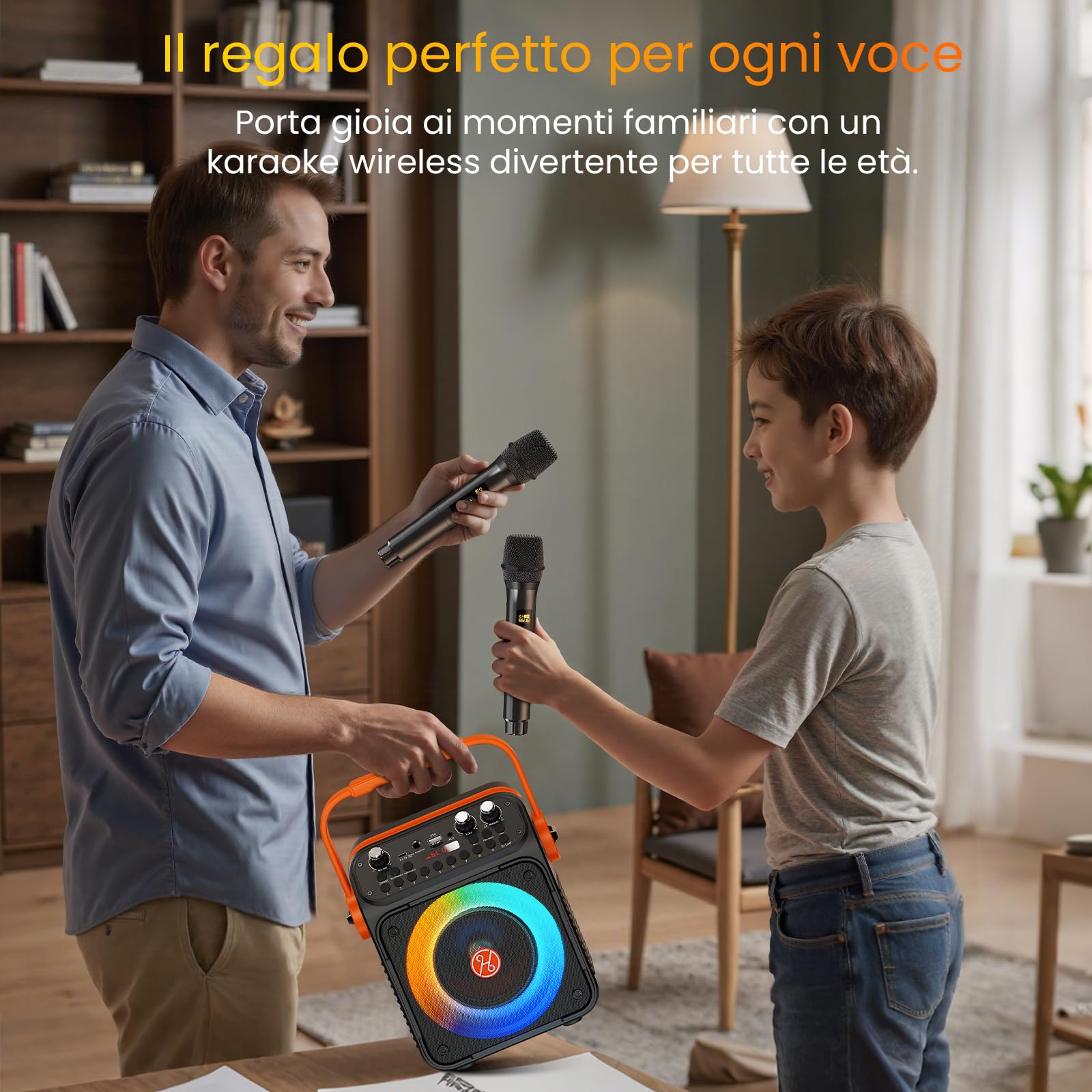 HWWR Impianto karaoke con 2 microfoni, altoparlante Bluetooth con subwoofer da 6,5 pollici, effetti luminosi RGB, box karaoke portatile per adulti e bambini, feste di famiglia, feste e all'aperto
