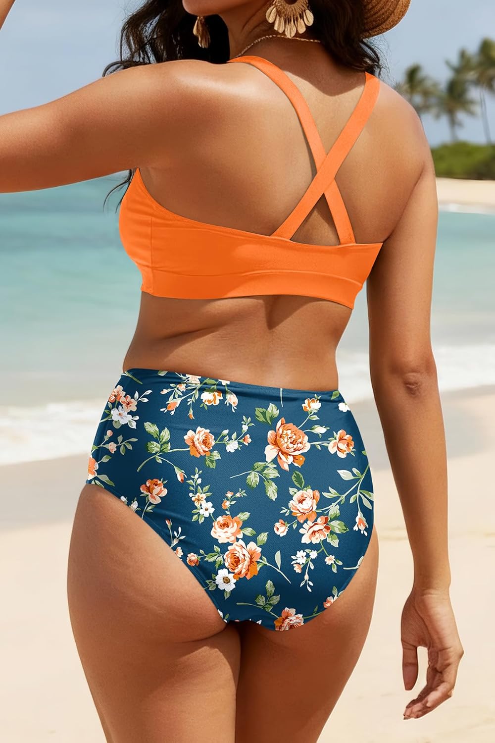 Holipick Women High Waisted Bikini Set Two Piece Scoop Neck Swimsuit Criss Cross Back Bathing Suit