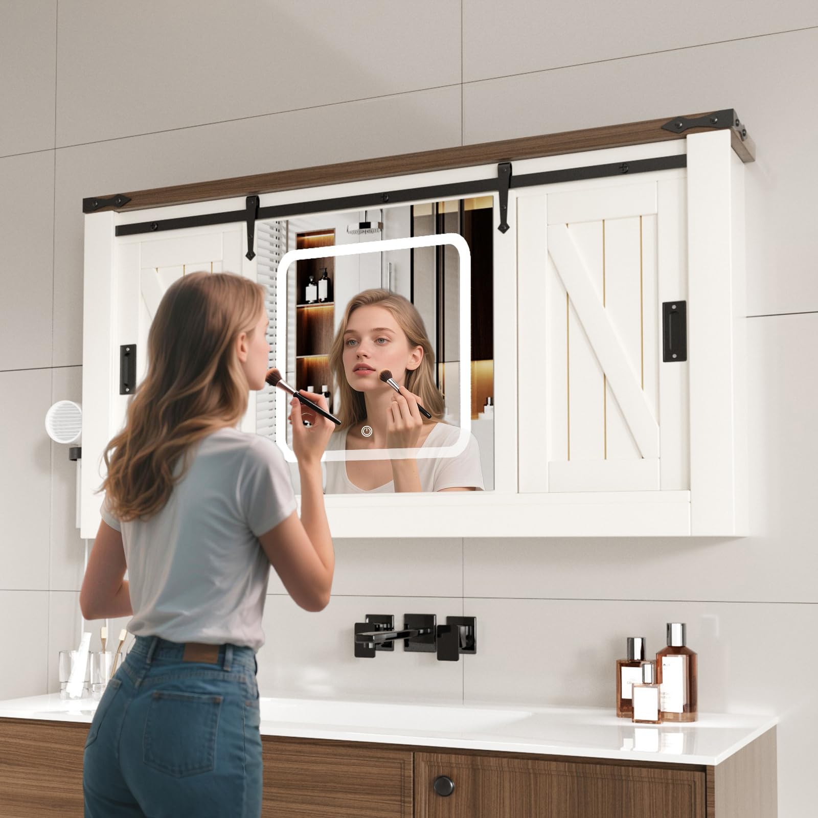 Specchio Bagno Contenitore con Luce Mobile Bagno Armadietto con 5 Mensola Regolabile e Porta asciugacapelli 120 * 19 * 60 cm