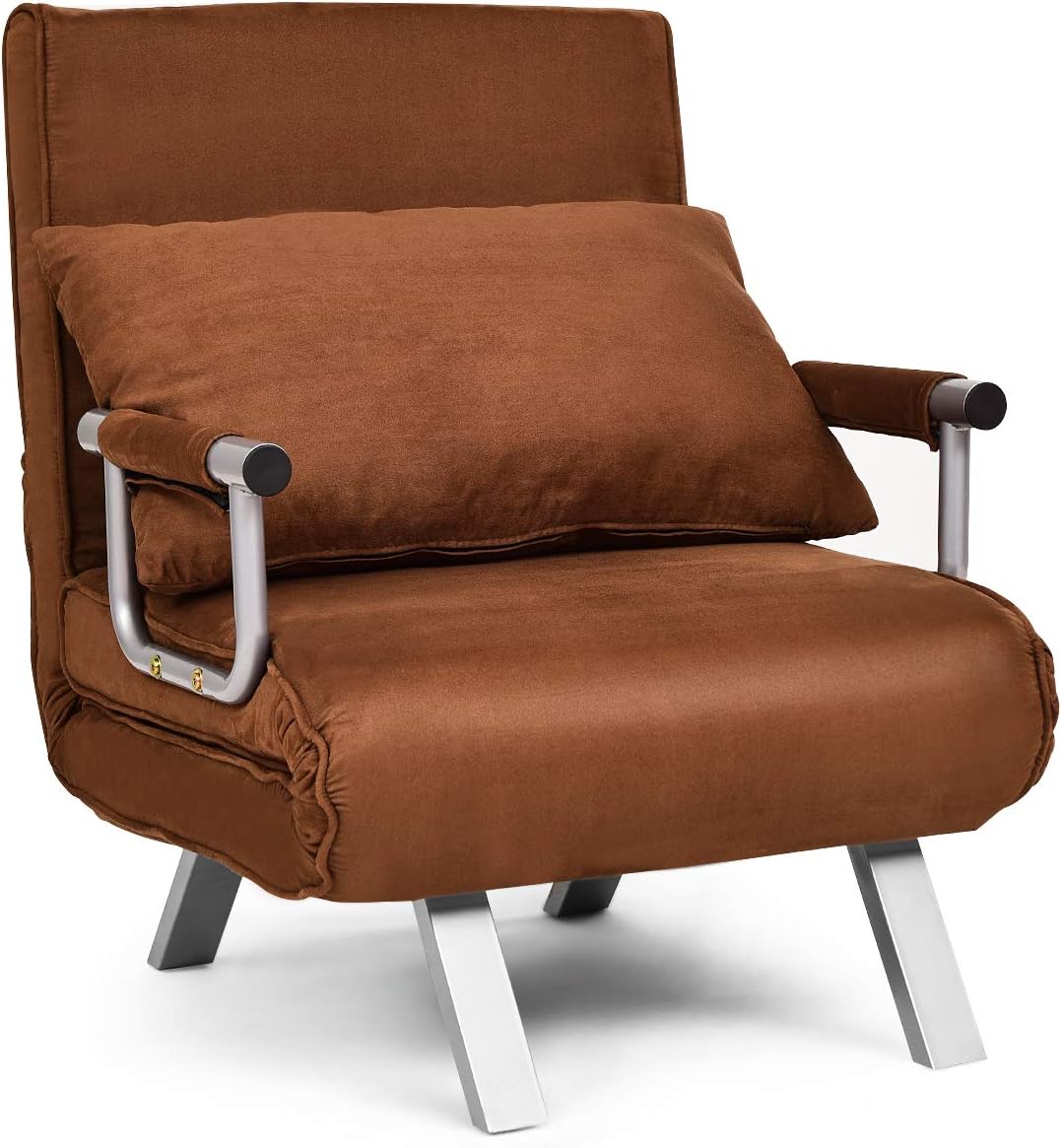 Giantex Convertible Sofa Bed Folding Arm Chair Sleeper with Pillow, Best Chamois Cover-Soft to Touch, 5 Positions Adjustable, 2 in 1 Armrest w/Steel Frame Recliner Padded Lounger Couch Bed (Brown)
