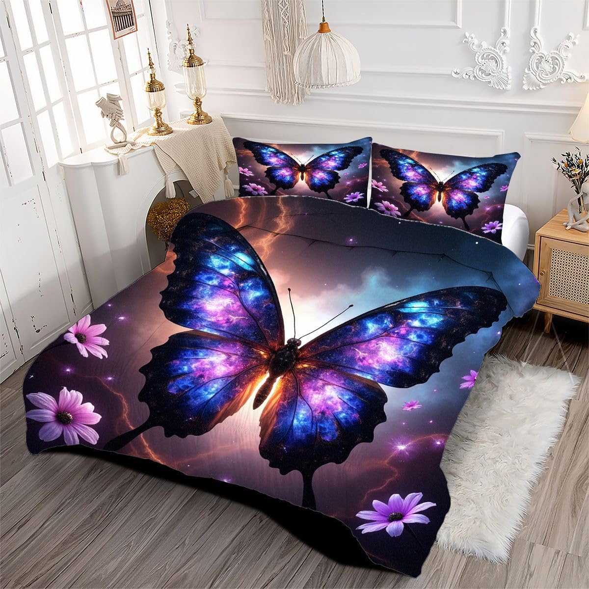 F273 Kołdra 220 x 240 cm, fioletowy motyl, miękka kołdra dwuosobowa, pikowana do sypialni, 3-częściowa pościel (1 koc 220 x 240 cm + 2 poszewki na poduszkę 80 x 80 cm)