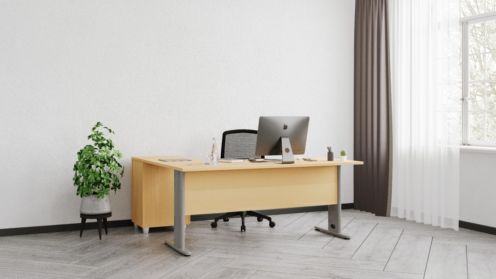 Furni24 Schreibtisch Winkelschreibtisch, Eckschreibtisch, Moderner Bürotisch Computertisch mit großer Arbeitsfläche, Bürotisch,PC Tisch, Dona Buche 180x120x74cm inkl.Beistellcontainer rechts gewinkelt