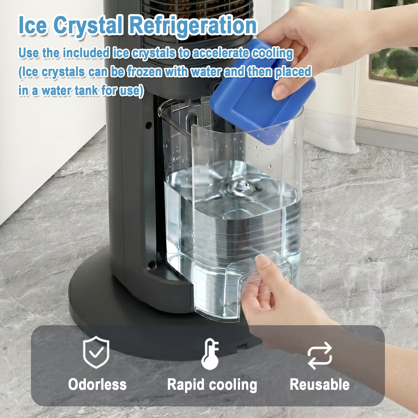 Chłodzący Cichy Wahadłowy Wentylator Wieżowy, Oscylacja 60° | Wysoki Wentylator Wieżowy 102cm, 65W, 3 Prędkości, Zbiornik na Wodę 4L, 4 Kryształy Lodu, 220V, do Sypialni