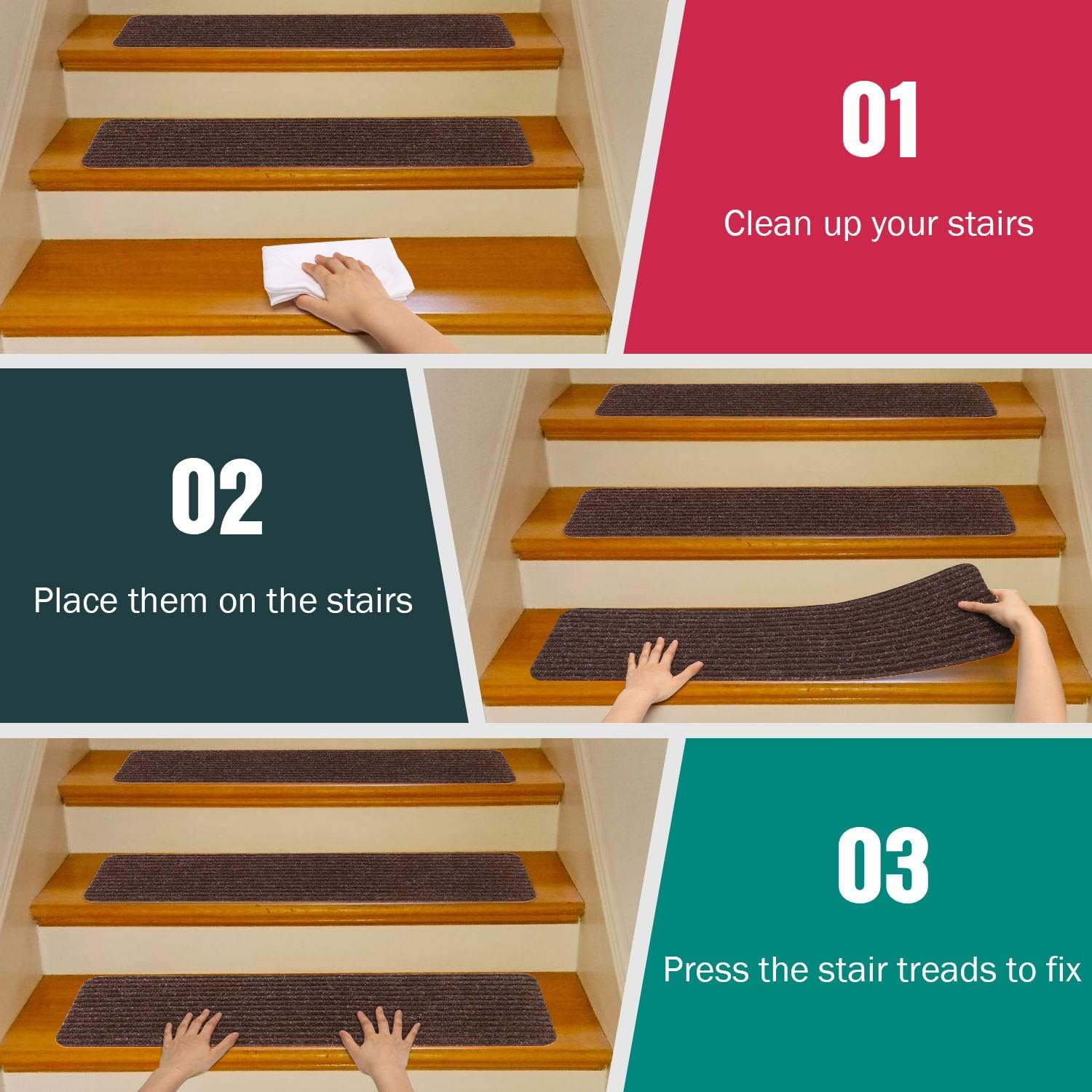Product Deal Matahum Non-Slip Stair Treads Carpet, Treads for Wood Stairs Set of 15,Safety Slip Resistant for Kids, Elders, and Dogs,8 X 30, Brown