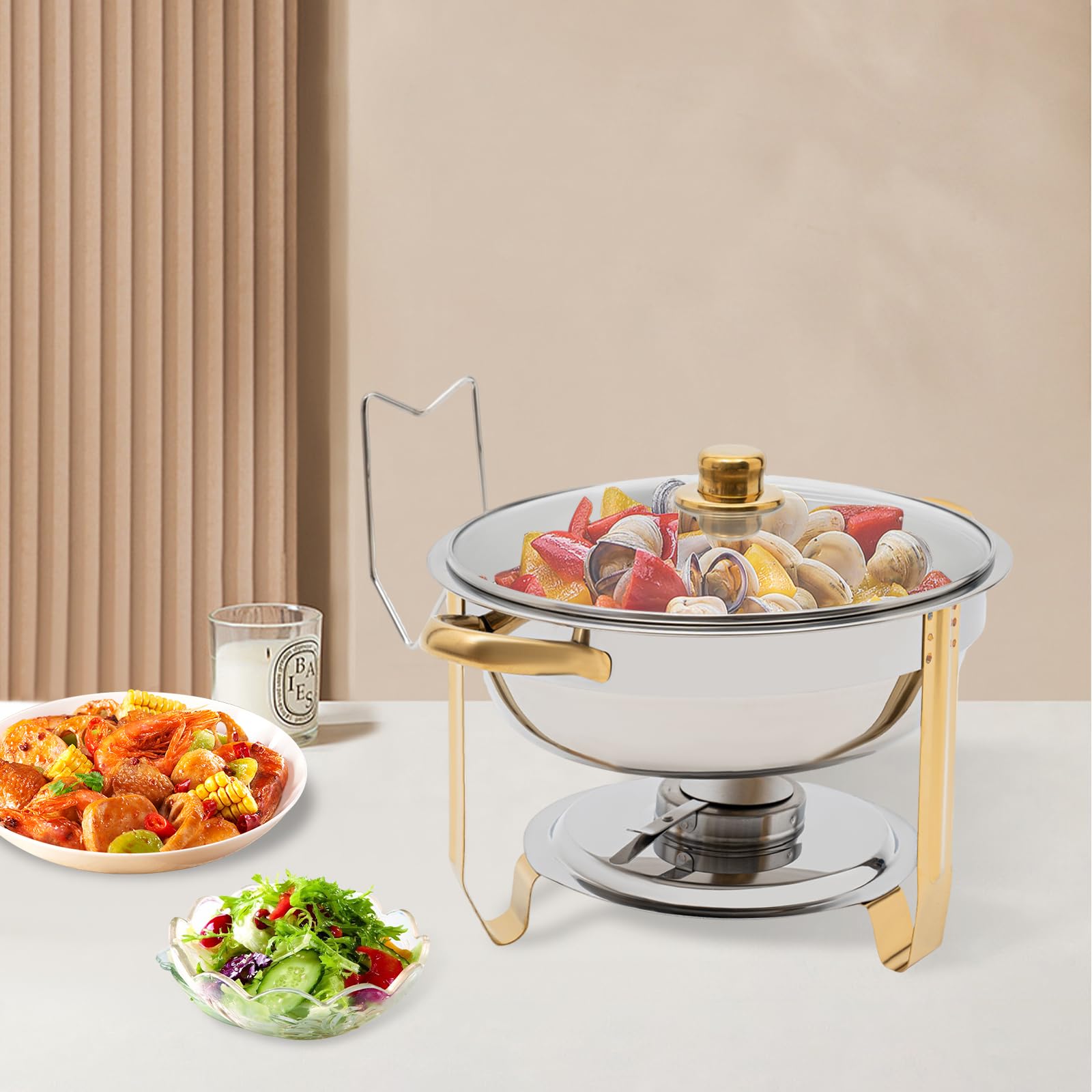 Chafing Dish Buffet Set, 5L Rund Warmhaltebehälter, Edelstahl Speisewärmer mit Lagerung der Deckel, für Familientreffen, Party (Gold)