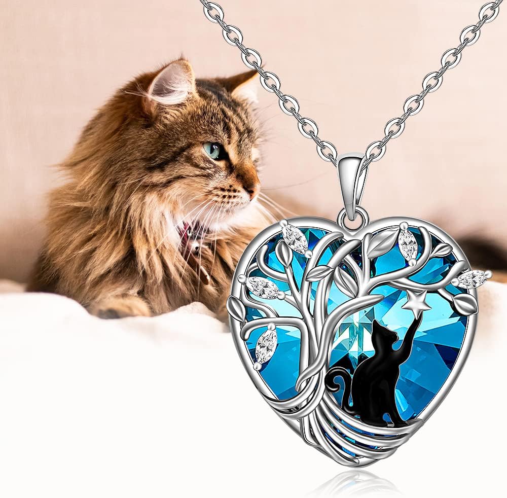 Fenthring Black Cat Necklace for Women Sterling Silver Tree of Life Crystal Cat Pendant Necklace Heart Cats Jewelry Charms Friendship Memorial Valentines Christmas Gifts