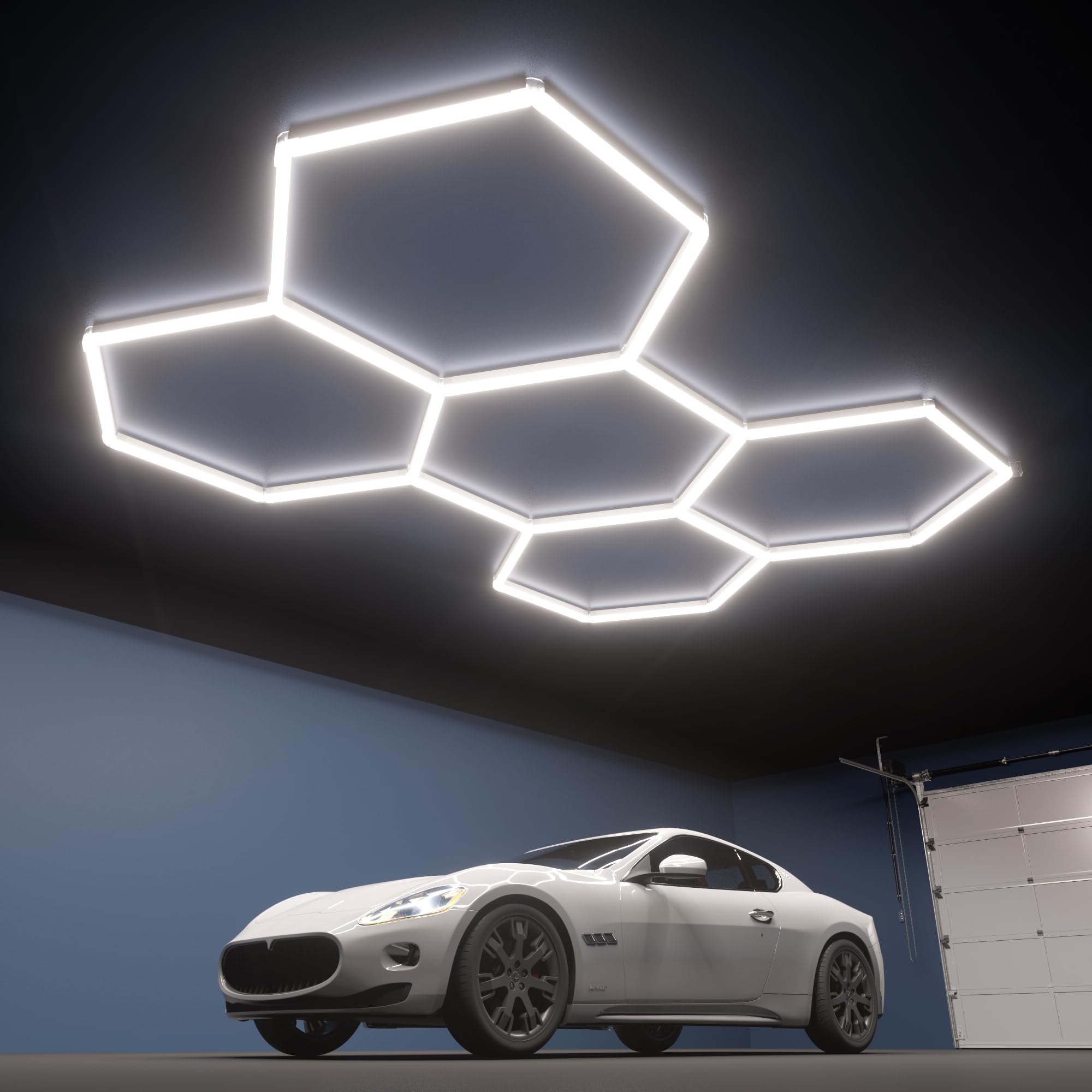 Hexagon Garage Lights 5-HEX 240W 5000K Daylight Garage LED Lights Modular Honeycomb Shop Light for Detailing Workshop Home