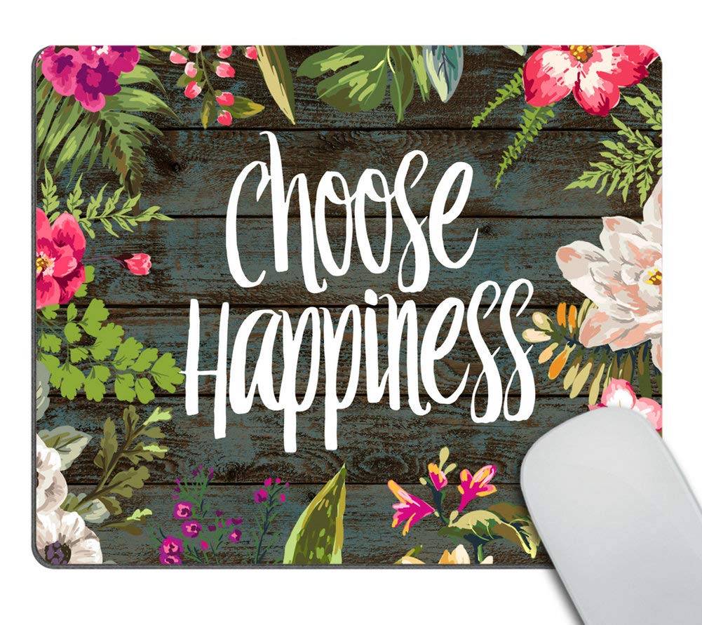 Wasach Funny Quote Gaming Mouse Pad Custom,Choose Happiness Quotes Vintage Colored Floral Wreath Print Rustic Old Wood Art Mouse Pads