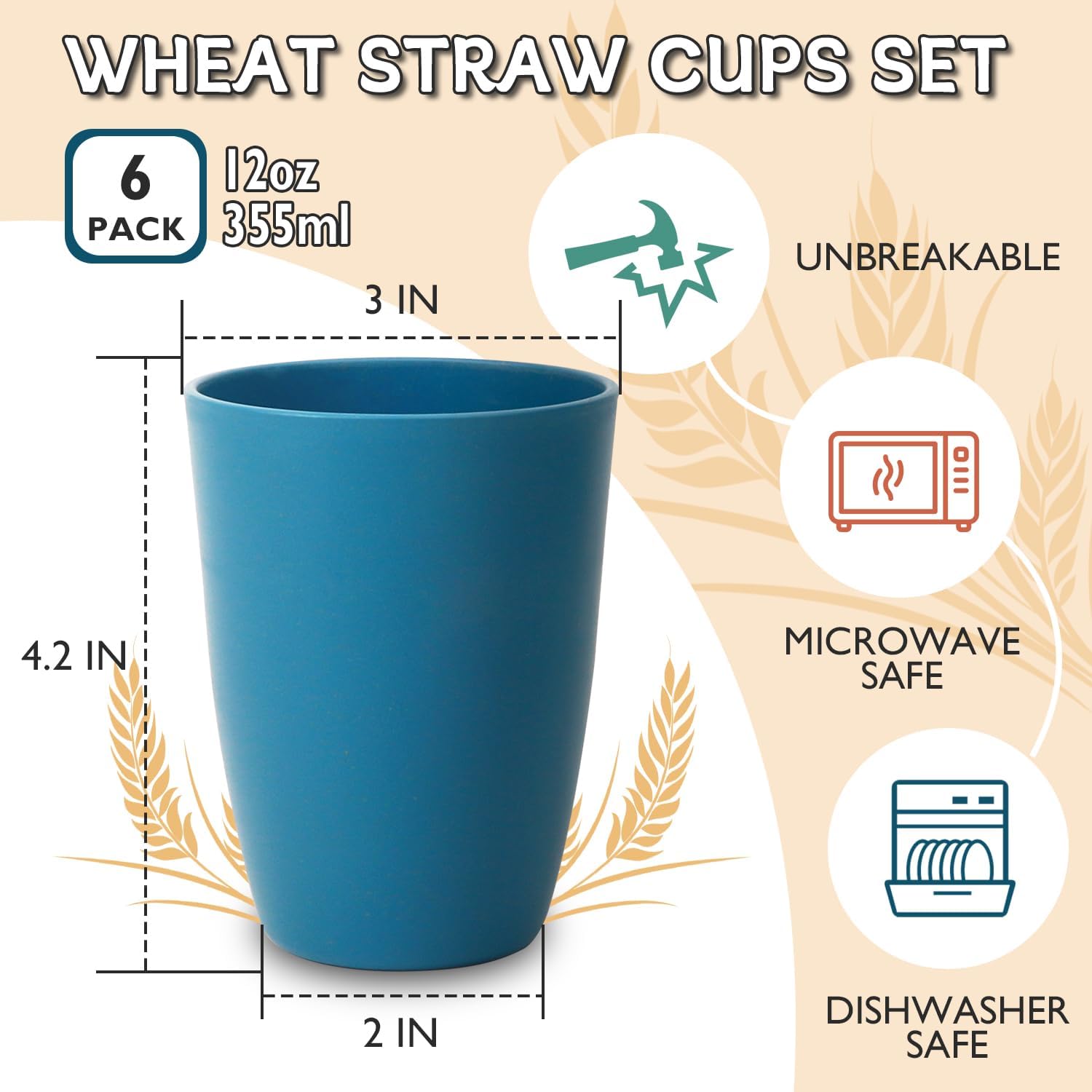 Wrova Wheat Straw Cups 6 PCS Good Alternative to Plastic Reusable Cups 12 oz Unbreakable Drinking Cup Reusable Dishwasher Safe Water Plastic Glasses with 6 Colors - Image 2