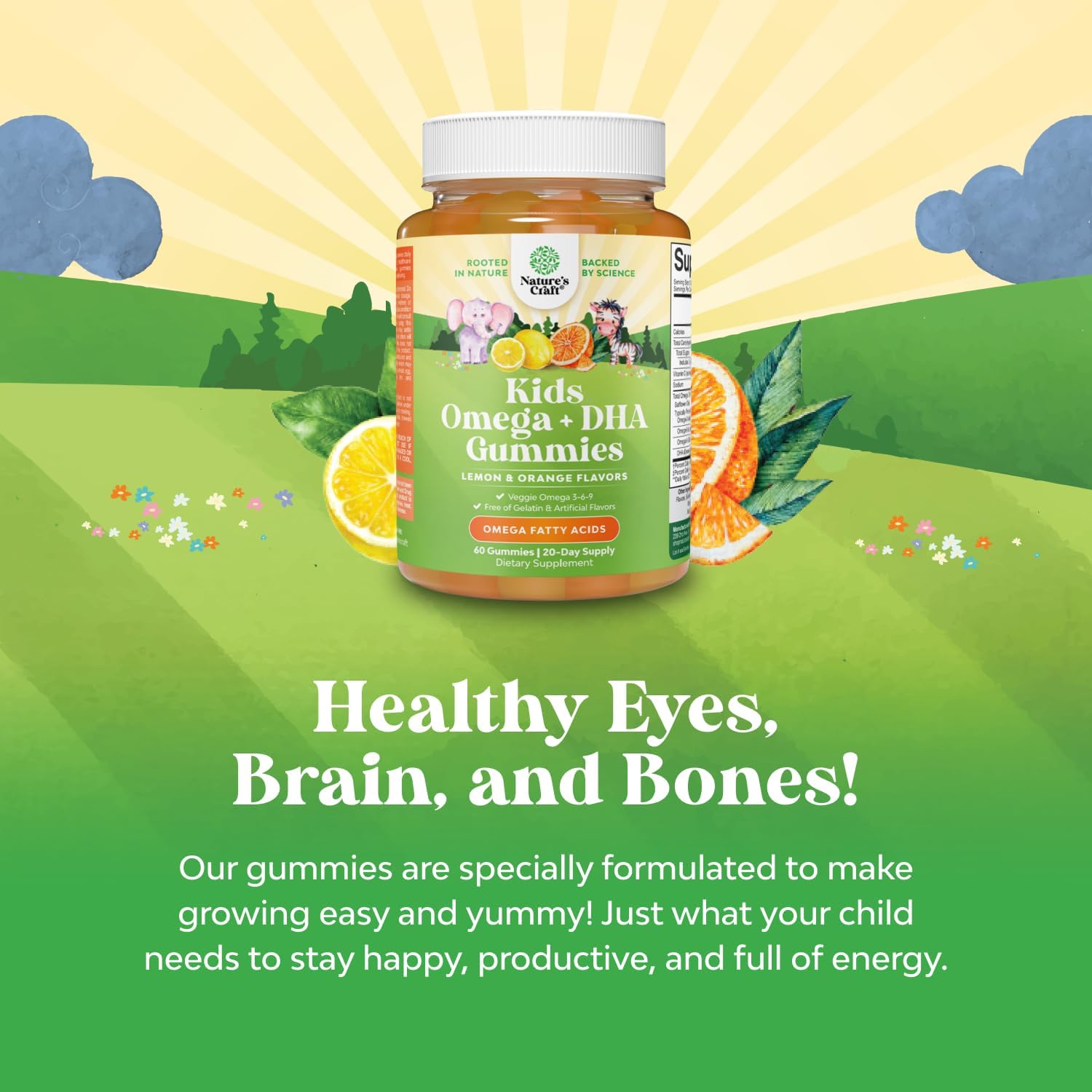 Kids DHA Omega 3 Gummies - Fatty Acids Omega 3 6 9 for Brain, Immune Strength & Vision - Nutritional DHA for Kids for Healthy Nervous System & Focus Support - Fish Free, Vegan & Non-GMO - 60 Chews - Image 4