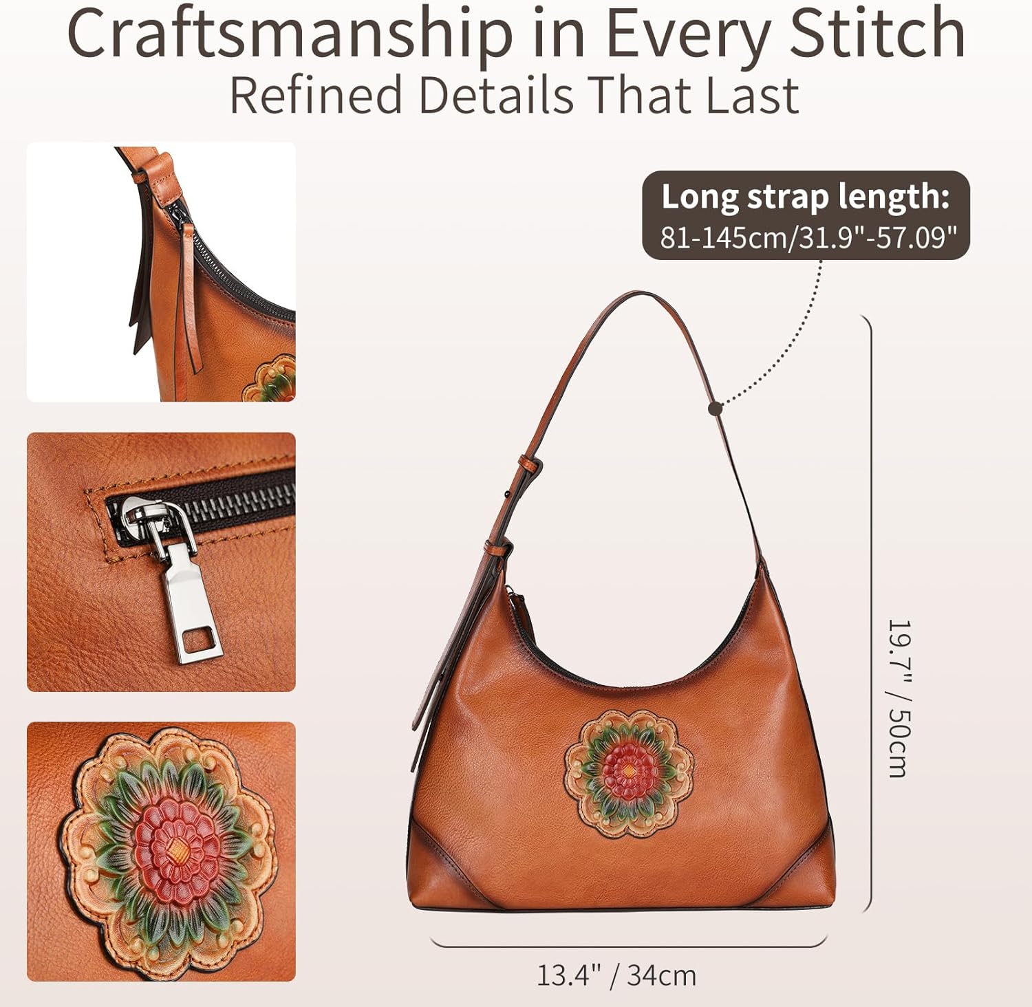 Genuine Leather Shoulder Bag for Women,Vintage Brown Embossed Floral Tote Handbag,Soft Cowhide Hobo Purse with Large Capacity for Everyday Use - Image 5