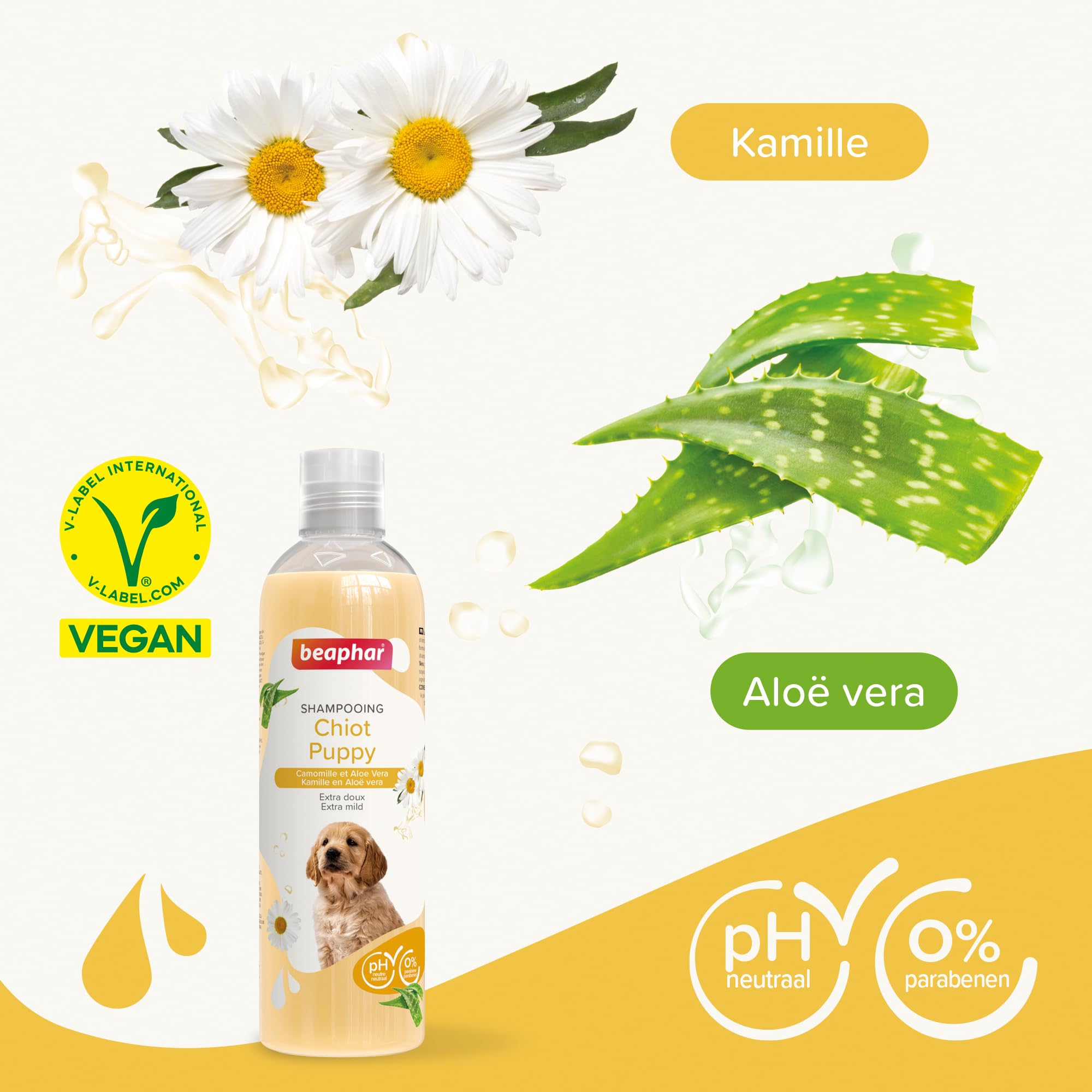 BEAPHAR – Shampooing Essentiel pour Chiot – Extra-Doux – Poil Doux – Contient de la Camomille et de l'Aloe Vera – sans parabène ni Silicone – pH Neutre – Produit Vegan – Prêt à l'emploi – 250 ML