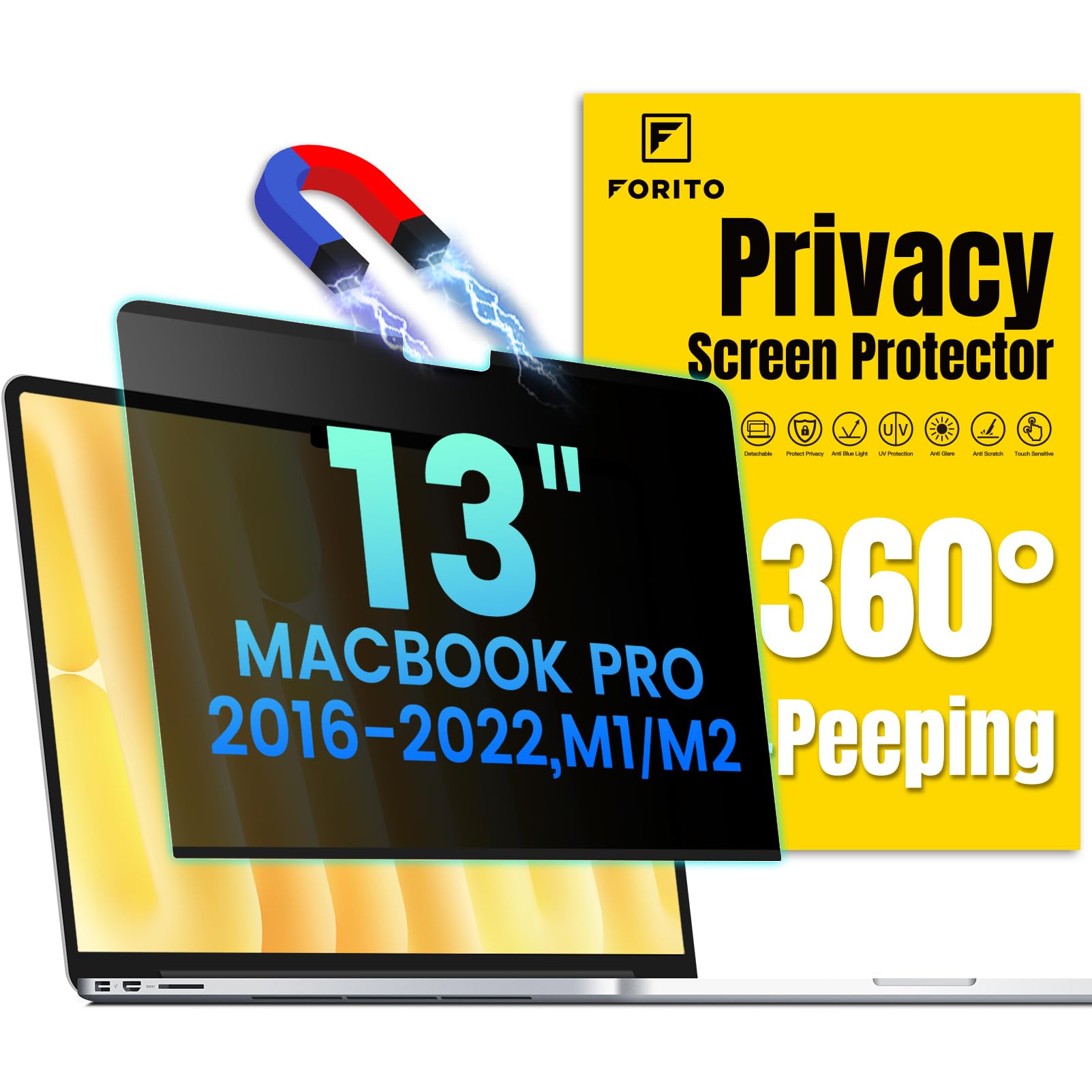 F FORITO Magnetic Privacy Screen Protector Compatible with MacBook Pro 13 inch (2016, 2017, 2018, 2019, 2020, 2021, 2022, M1, M2), Removable 360° Anti