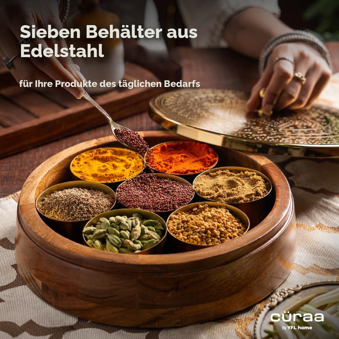 CÜRAA YFL Home Gewürzbox für Küche mit Löffel (Akazienholz, 7 herausnehmbare Behälter, 120ml) | Masala Box für Küche | Gewürzaufbewahrungsbox | Stilvolle Masala Dani für Geschenk
