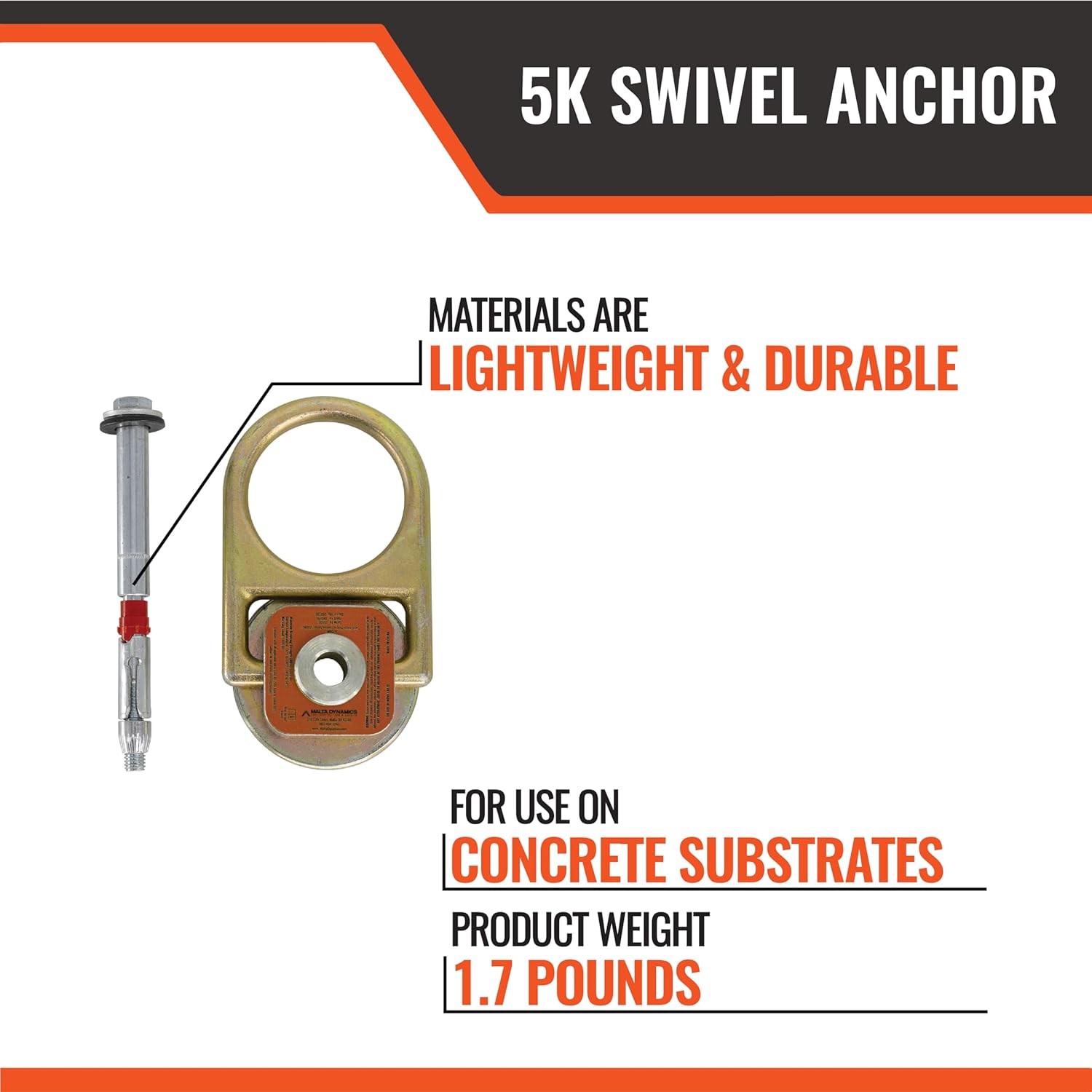 Malta Dynamics 5K Swivel Anchor for Use on Steel Substrates| Reusable Anchor and Replacement Bolt | Full 360 Degree Swivel | OSHA and ANSI Compliant