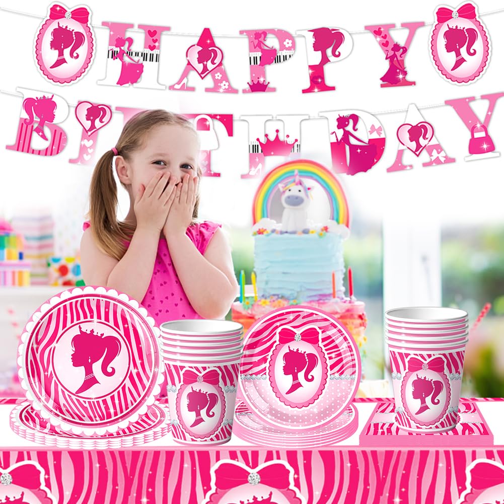 52Pcs Stoviglie per Compleanno Barbiprincipessa, Principessa Party Compleanno, Piatti Tazze Tovaglioli Banner Tovaglie, Kit di Stoviglie per la Festa di Compleanno, 10 Ospiti