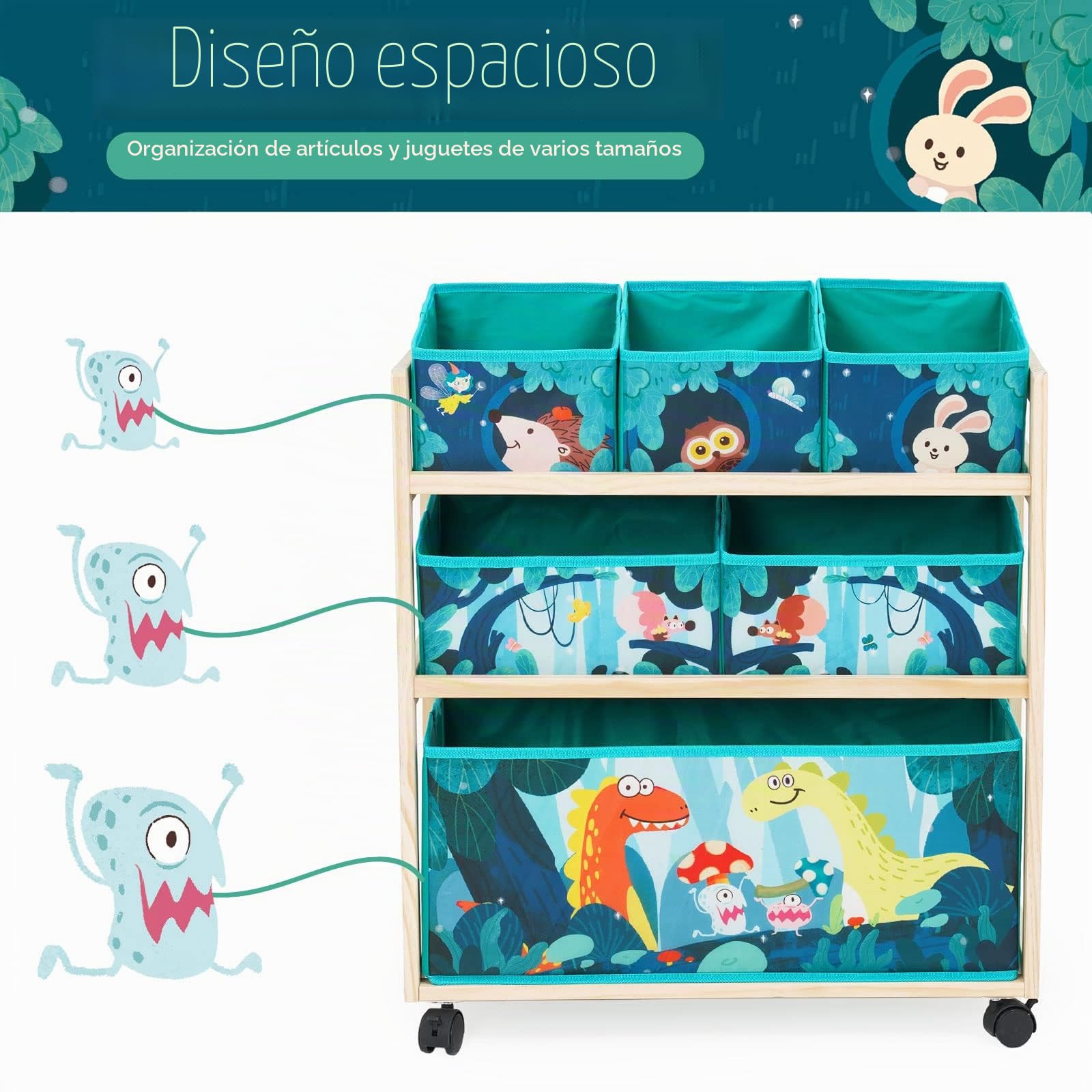 HOMCENT Organizador de juguetes con ruedas y 6 contenedores de almacenamiento de gran capacidad para guardar juguetes en la habitación de niños, tema de dinosaurios