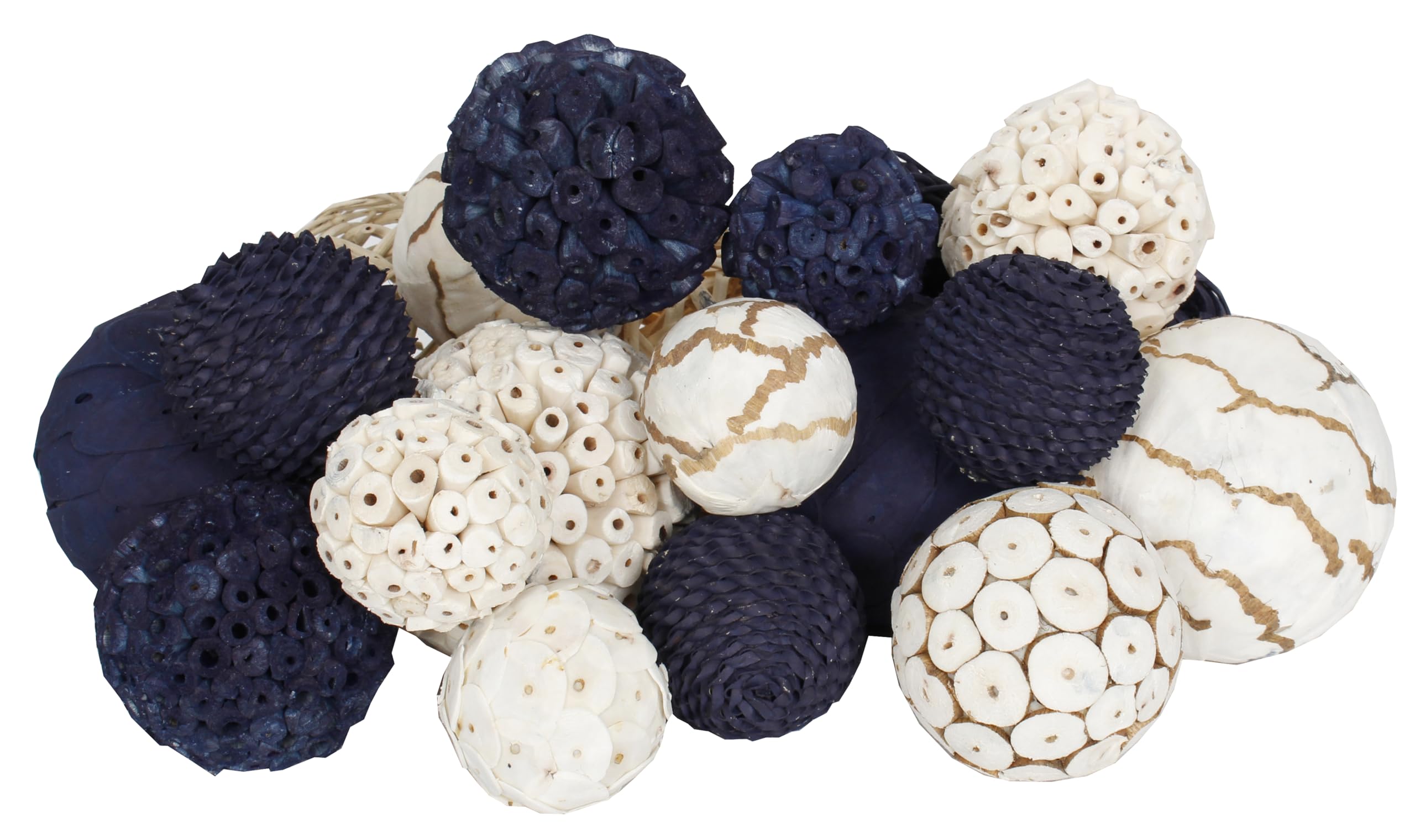 Sweet Summer Living Dried Exotics Balls, Orbs, Spheres, Bowl Filler, Vase Filler 18 Pieces Assorted Navy/Natural