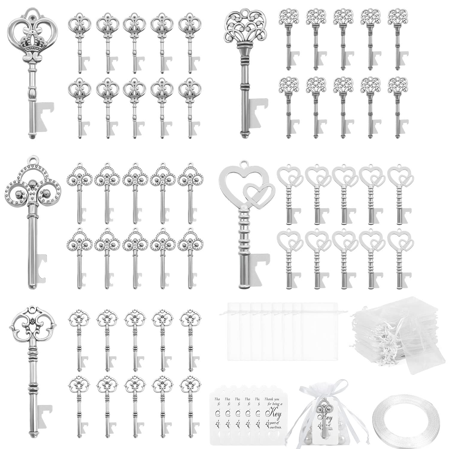 GEERDAN Clave Abrebotellas 50Pcs, Llave Abrebotellas Retro para Decoración de Bolsas de Recuerdos de Boda (Plata)