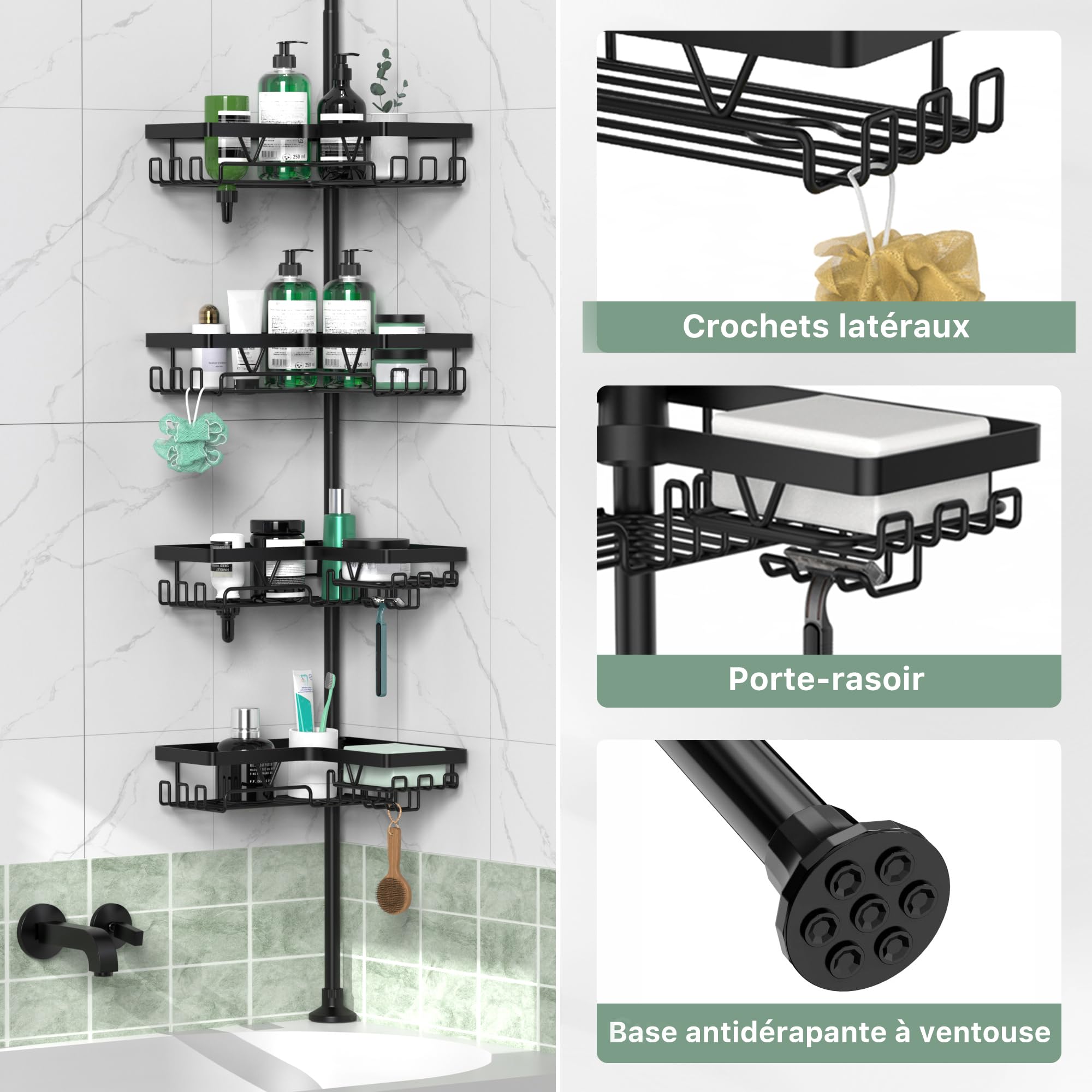 Etagere Douche,Etagere Telescopique Douche sans Percage,avec 4 paniers, étagère de Salle de Bain(Noir)