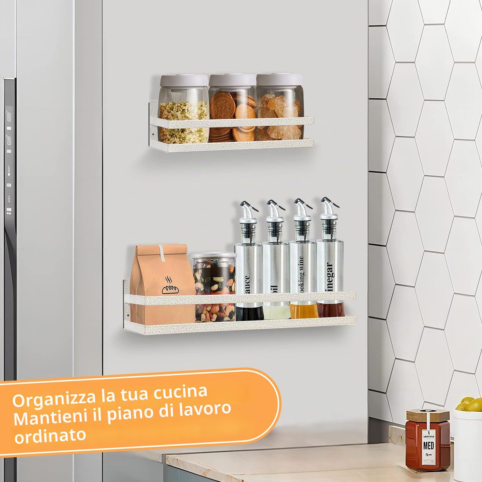 Uten Portaspezie magnetico, confezione da 2 mensole magnetiche resistenti, da parete, senza foratura, per armadietti, frigoriferi, salvaspazio, organizzazione della cucina, struttura bianca