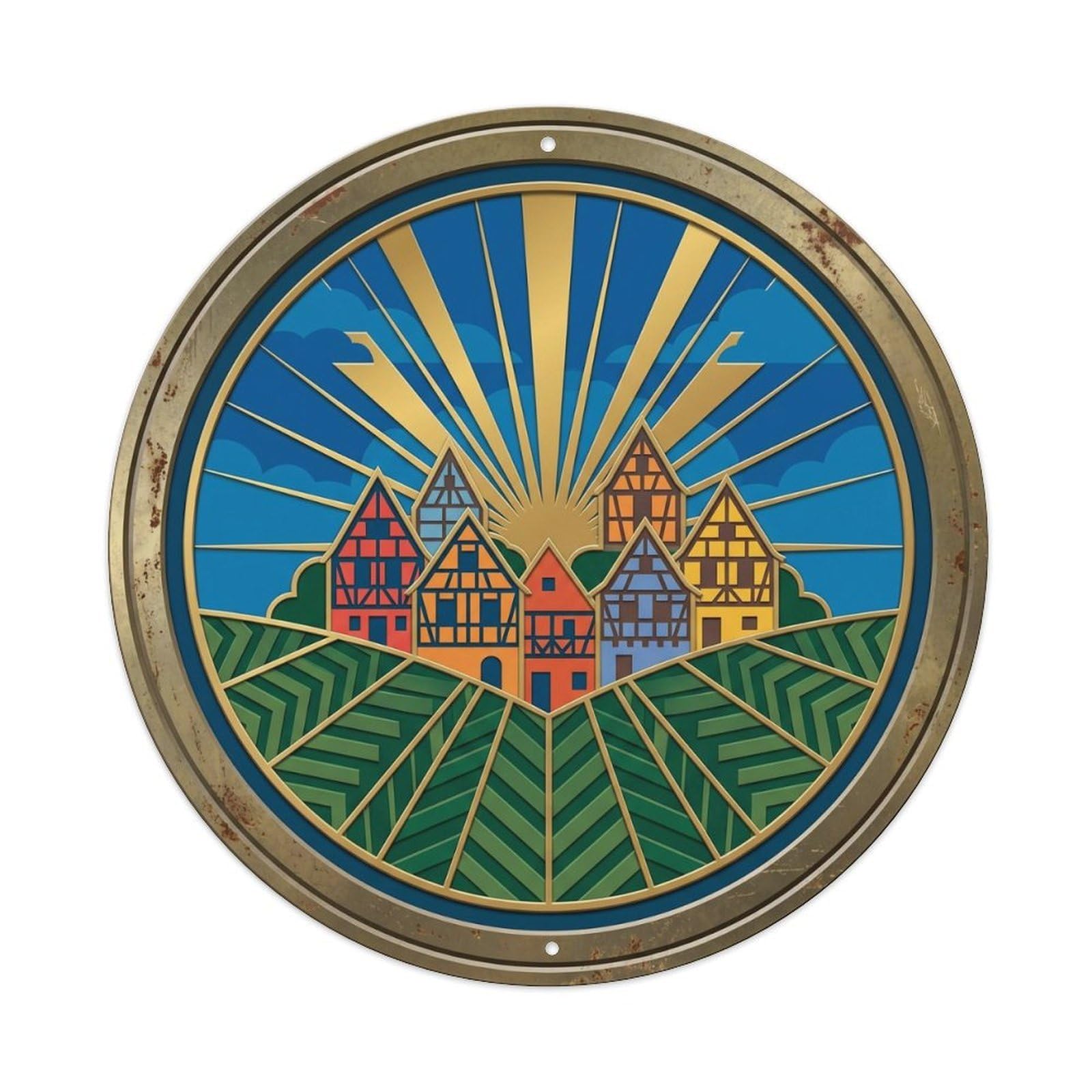 Alsace Radiant Village Travel Metal Tin Sign Plaque Wall Decor for Cafe, Club, Garden Round Metal Poster 8x8Inch