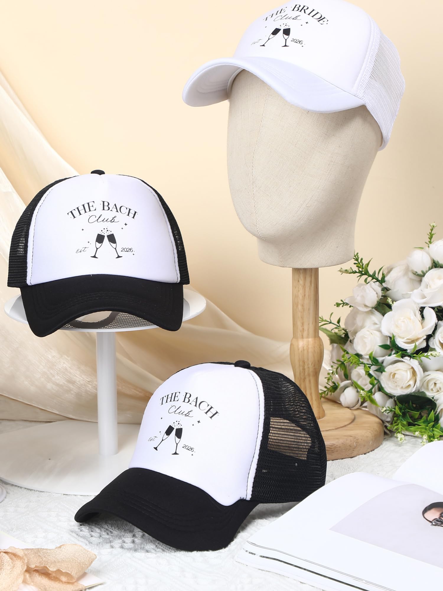 Shyyween El paquete de 8 gorras para despedida de soltero incluye 7 sombreros de camionero del club de Bach, 1 paquete de gorra de novia del club de la novia, propuesta de gorra de playa, despedida de