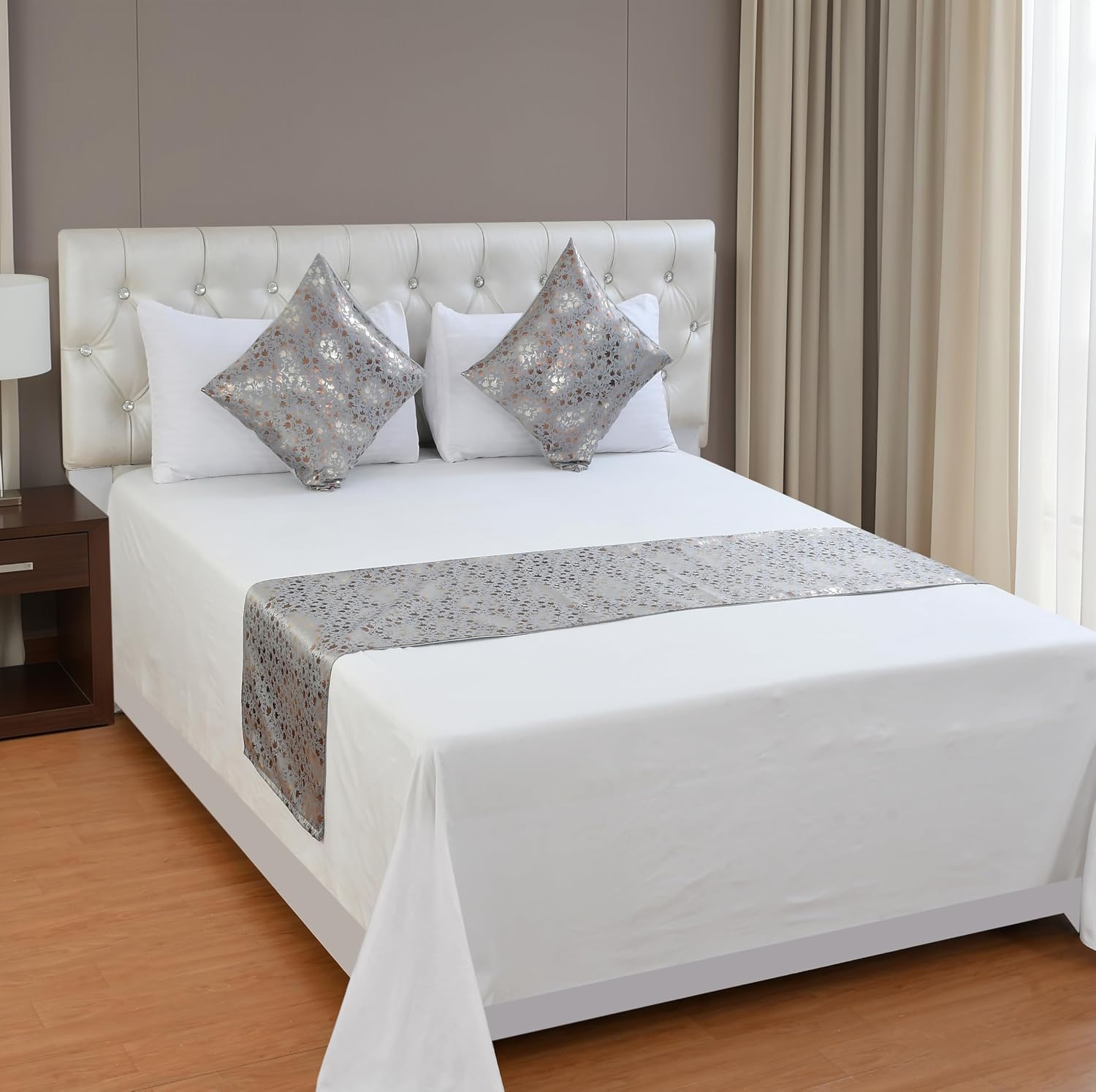 300 TC Foil Print Bed Runner Set with Cushion Cover (Grey)-picture-34