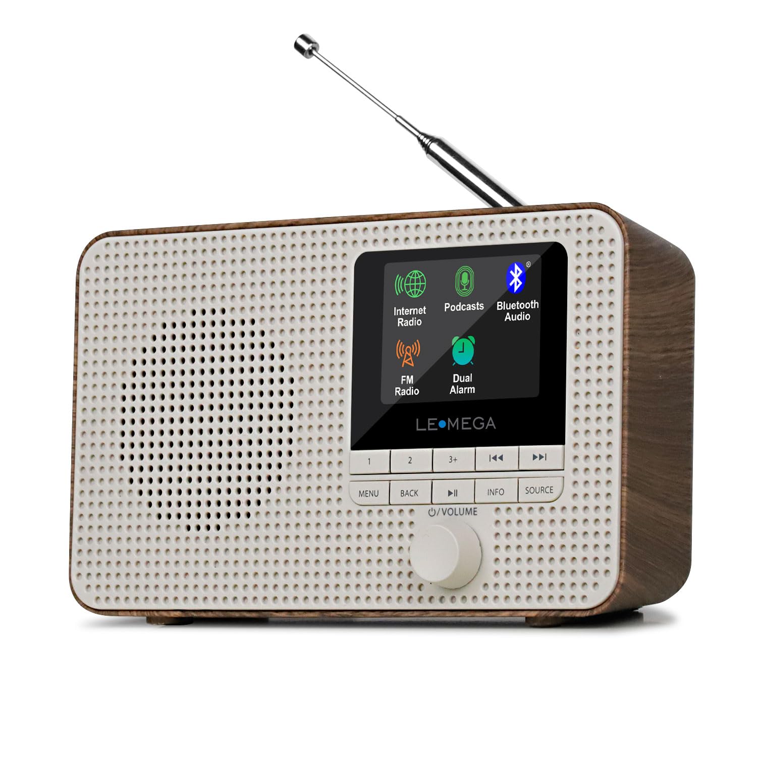LEMEGA IR1 Portable WiFi Internet Radio,FM Digital Radio,Bluetooth Speaker,Dual Alarms Clock,Sleep Snooze Timer,40 Presets, Headphone-Output,Colour Display,Batteries or Mains Powered – Walnut Finish