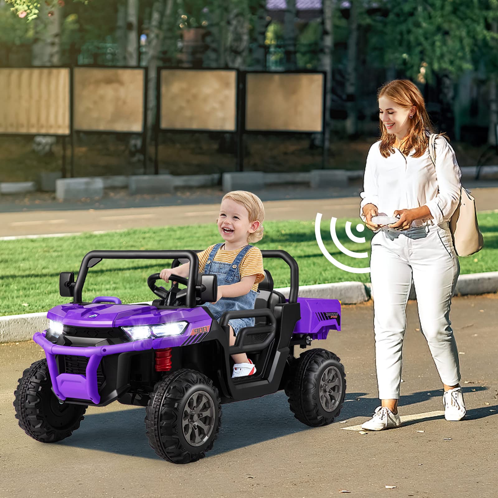 COSTWAY 12V UTV Coche Eléctrico para Niños con 2 Plazas, Vehículo Todoterreno Eléctrico con Volquete, Control Remoto, Música, USB, Vehículo Utilitario para Niños (Morado)
